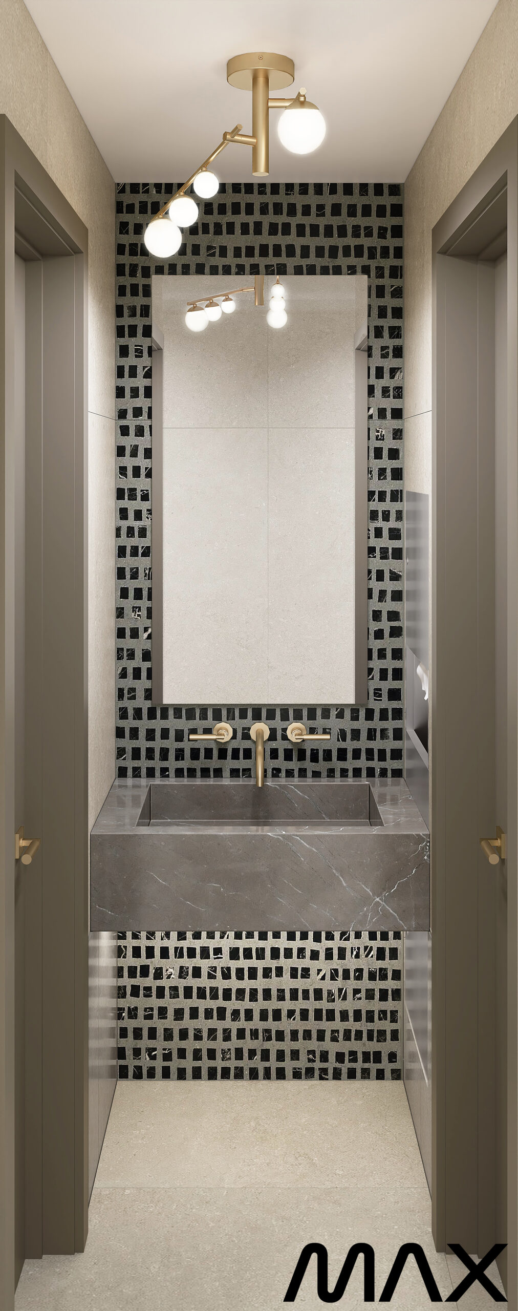 Modern bathroom with tiled wall and mirror.