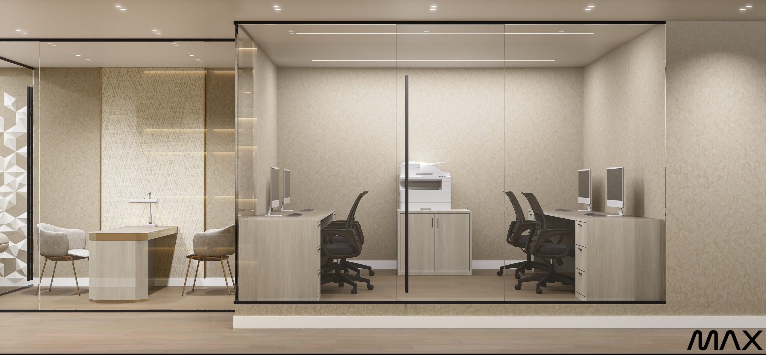 Modern office with glass walls and desks.