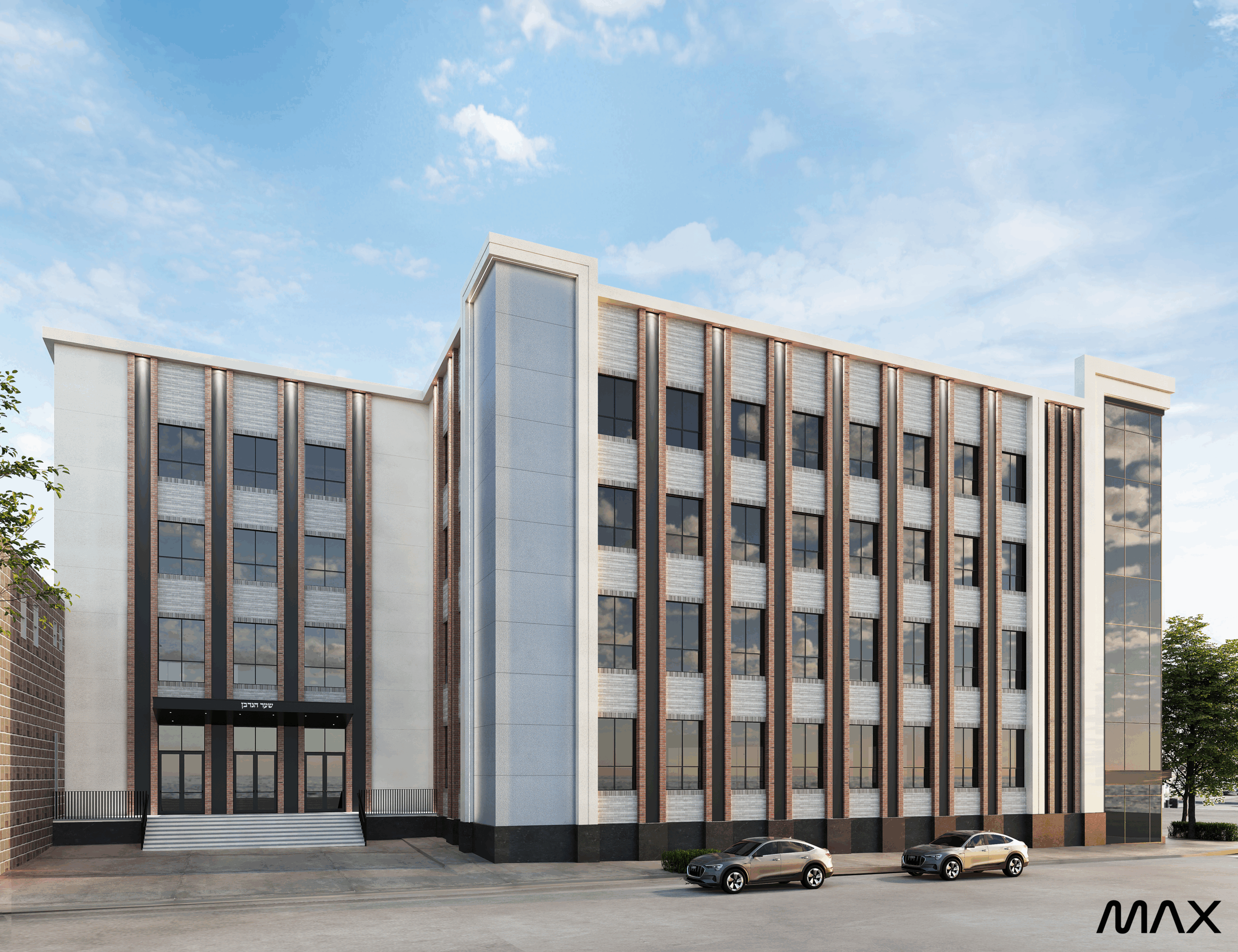 Modern four-story building with parked cars.
