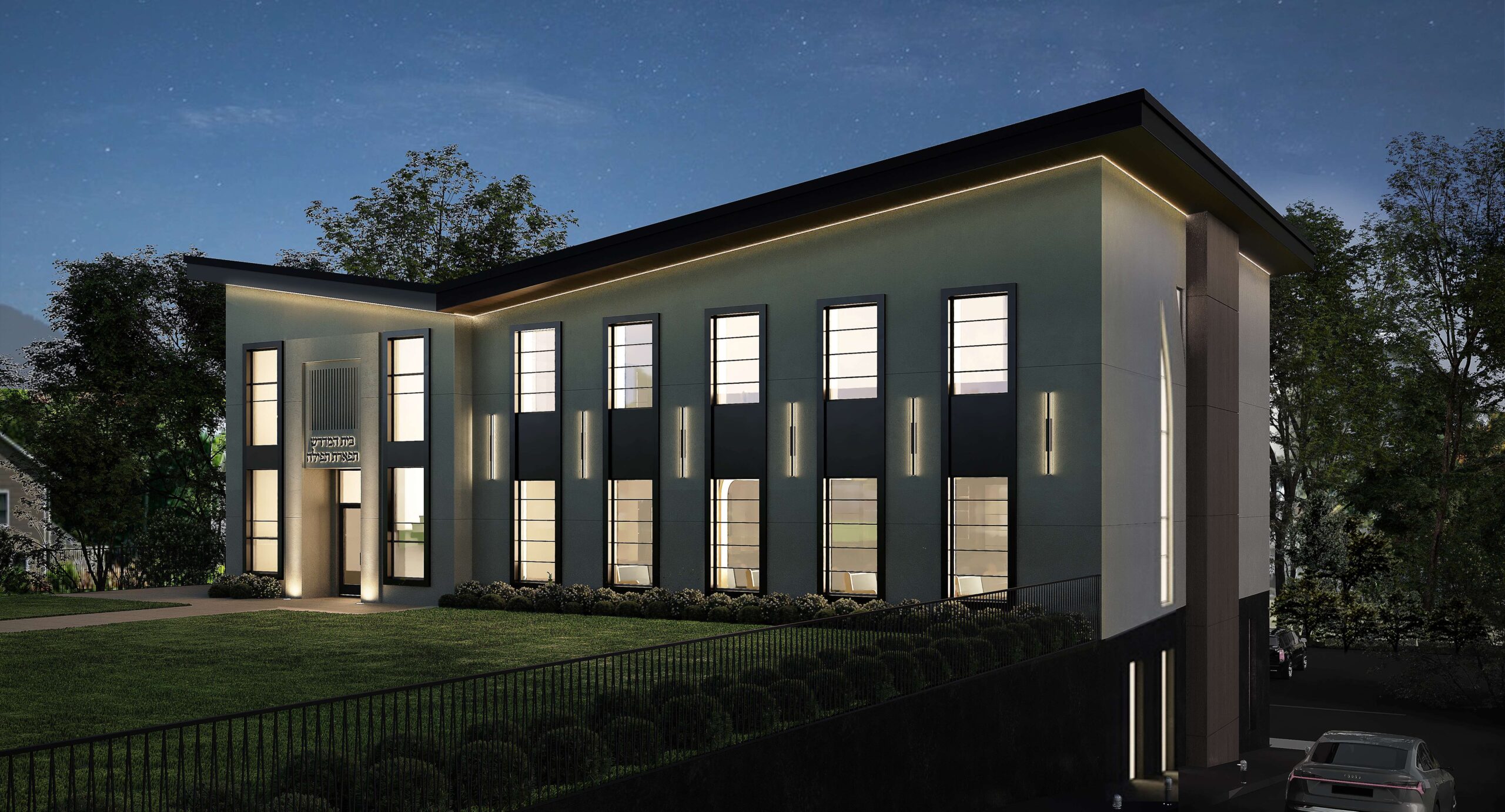 Modern illuminated house at night.