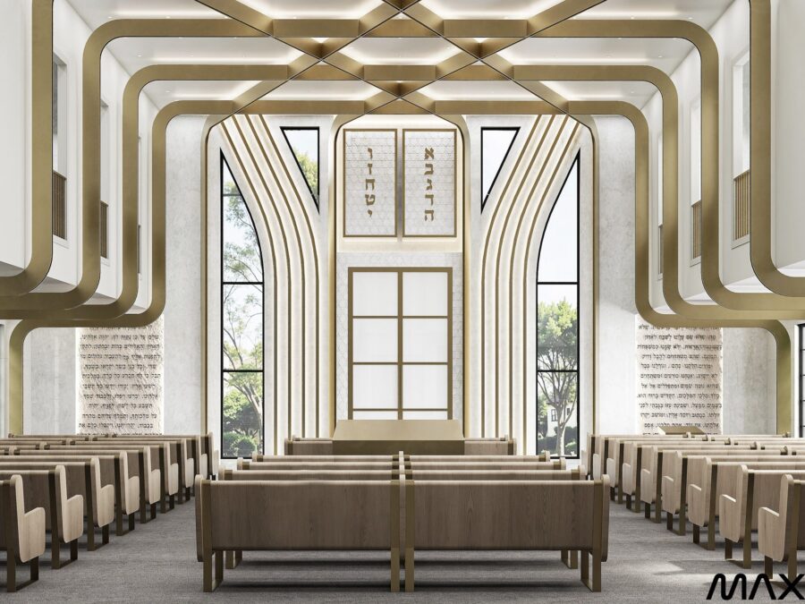 Modern synagogue interior with wooden pews.