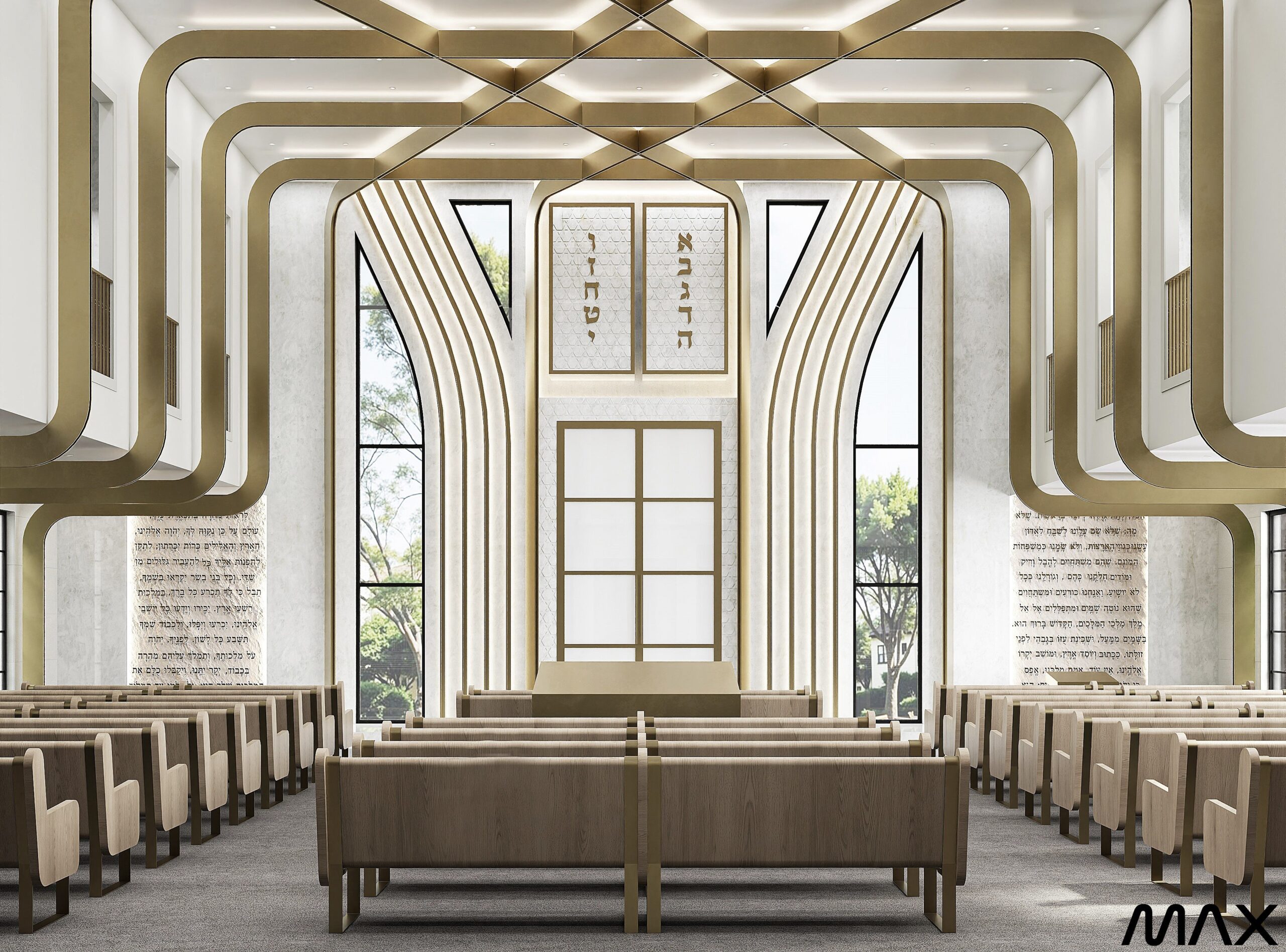 Modern synagogue interior with wooden pews.