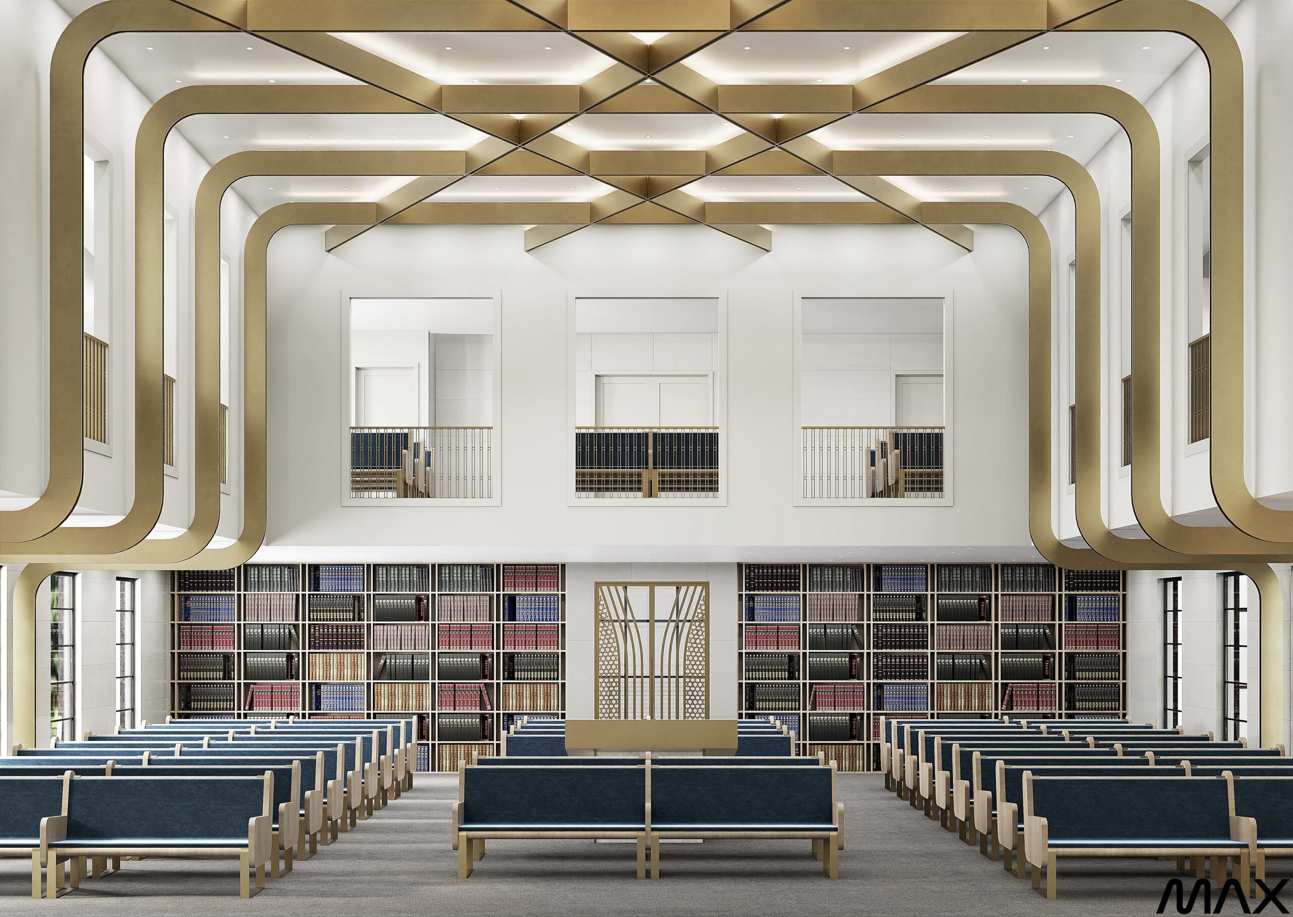 Modern synagogue interior with wooden accents.
