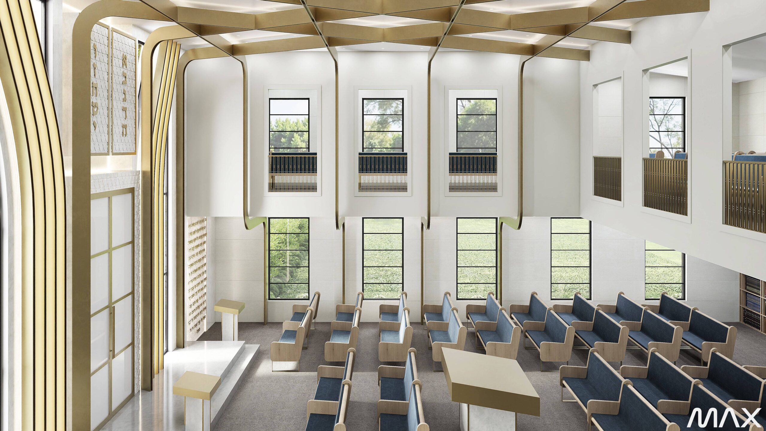 Modern synagogue interior with wooden accents.