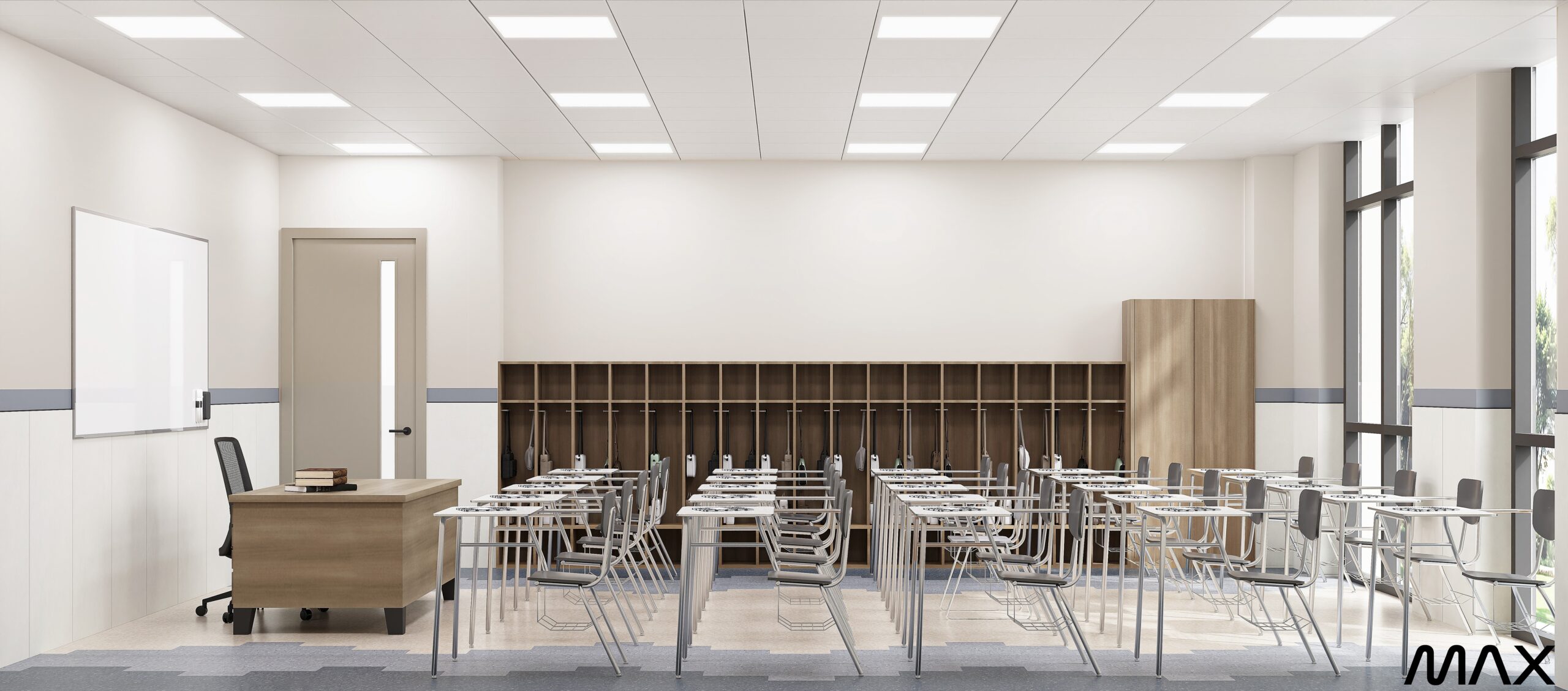 Empty classroom with desks and whiteboard.