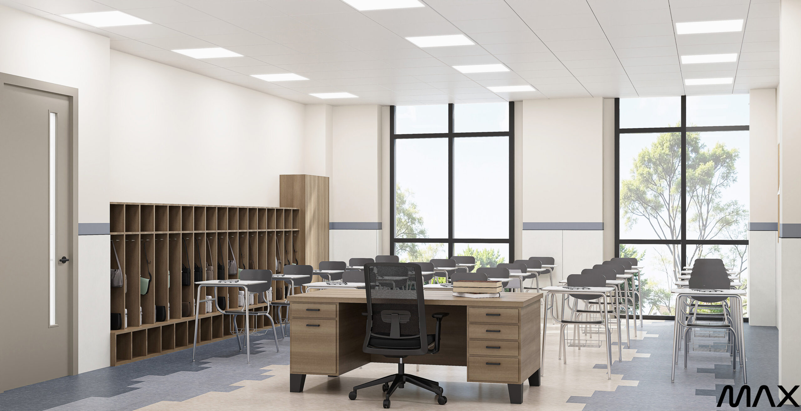 Modern classroom with desks and large windows.