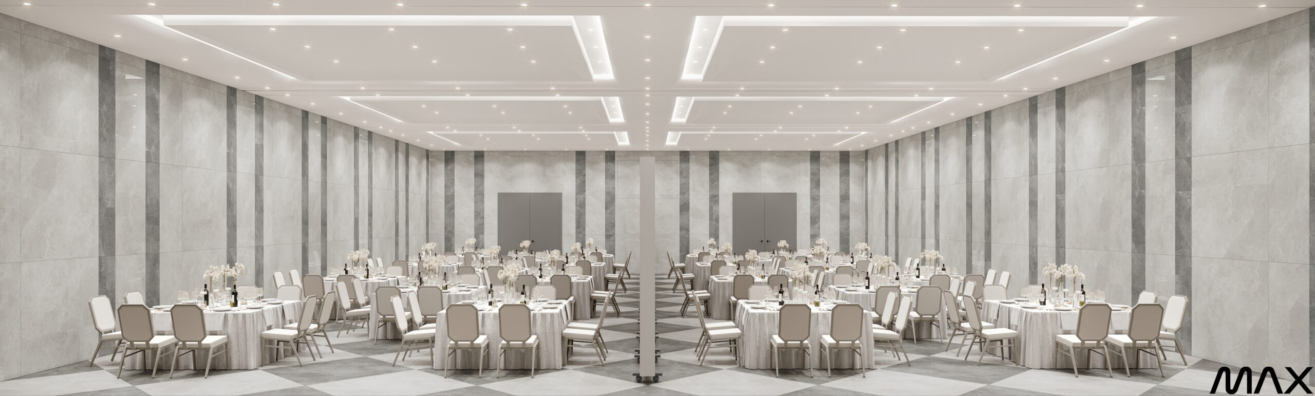 Elegant banquet hall with round tables.