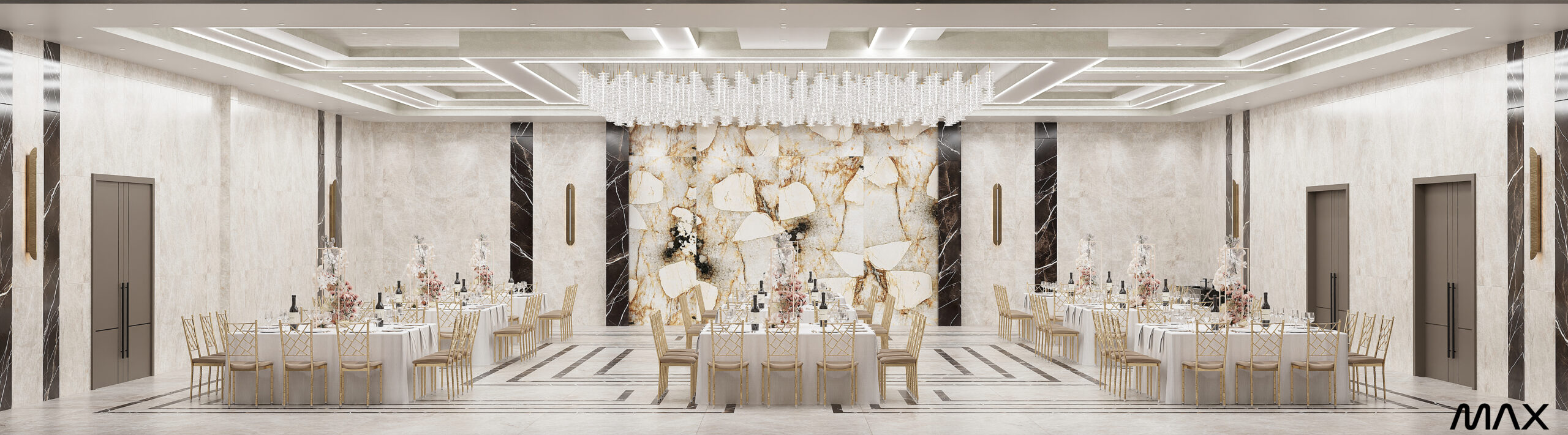 Elegant banquet hall with decorated tables.