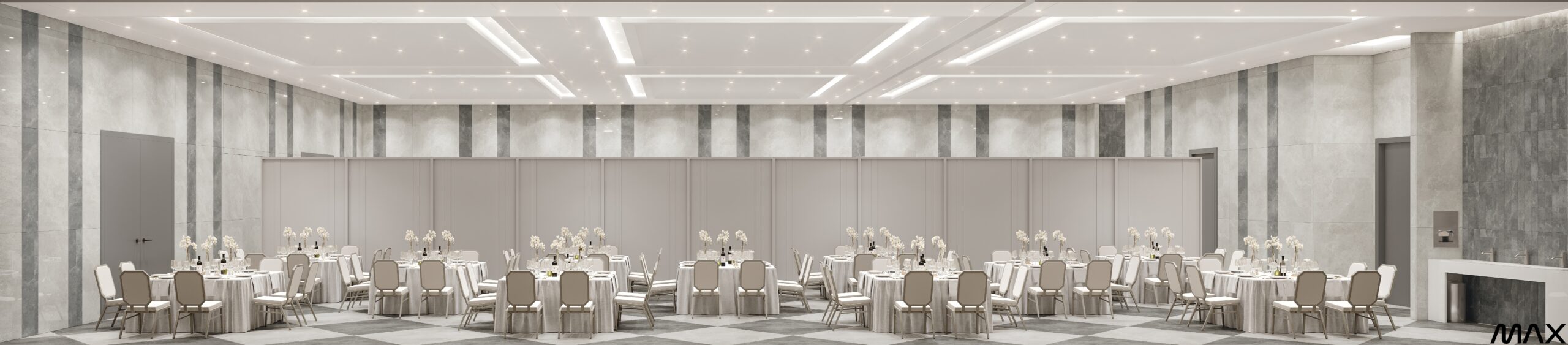 Elegant banquet hall with round tables.