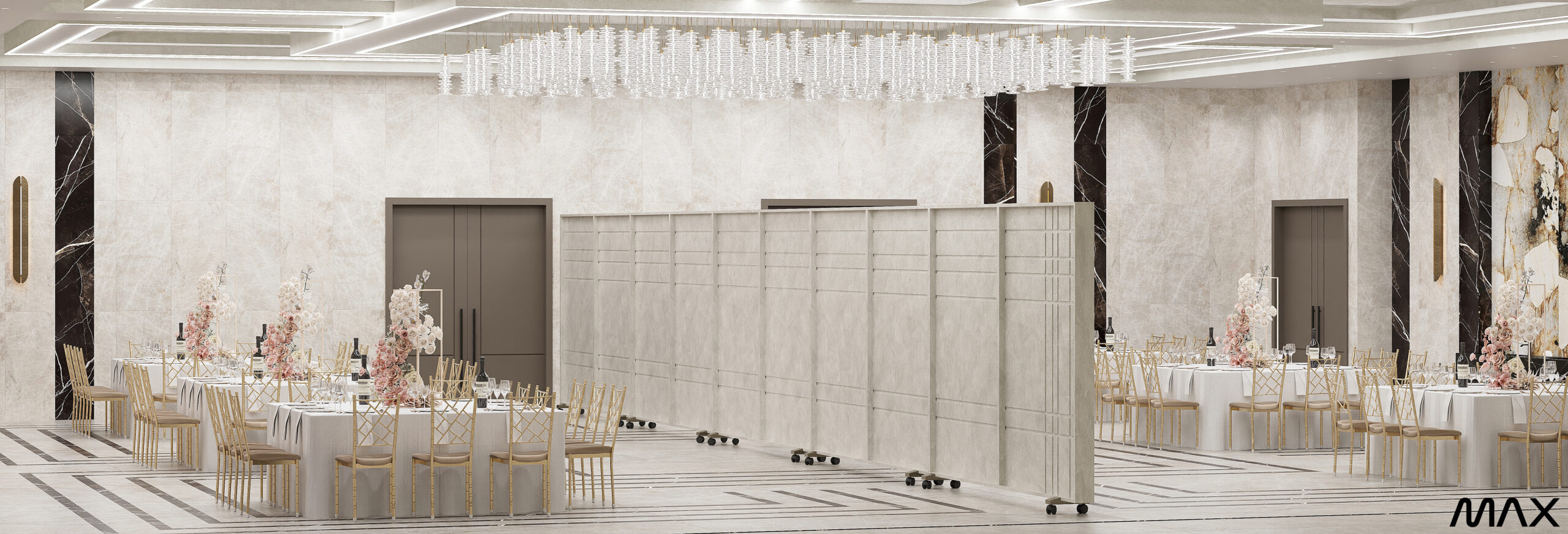 Elegant banquet hall with decorative partitions.