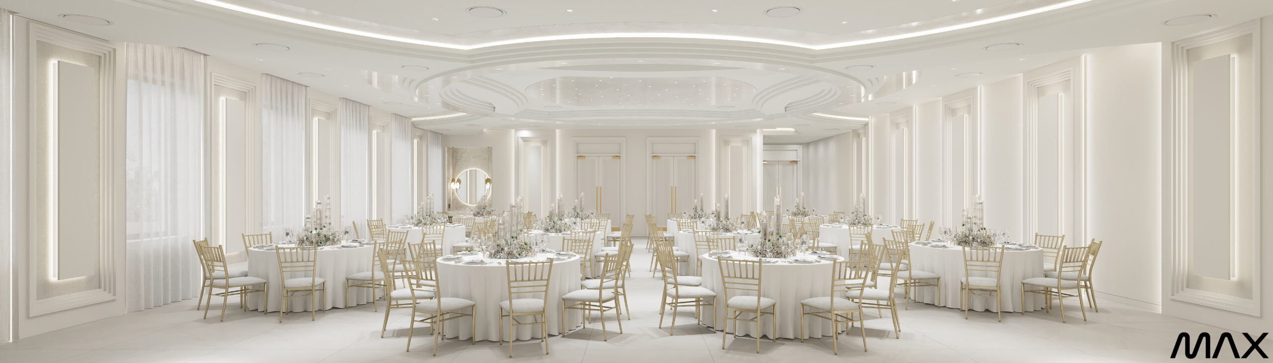 Elegant banquet hall with round tables.