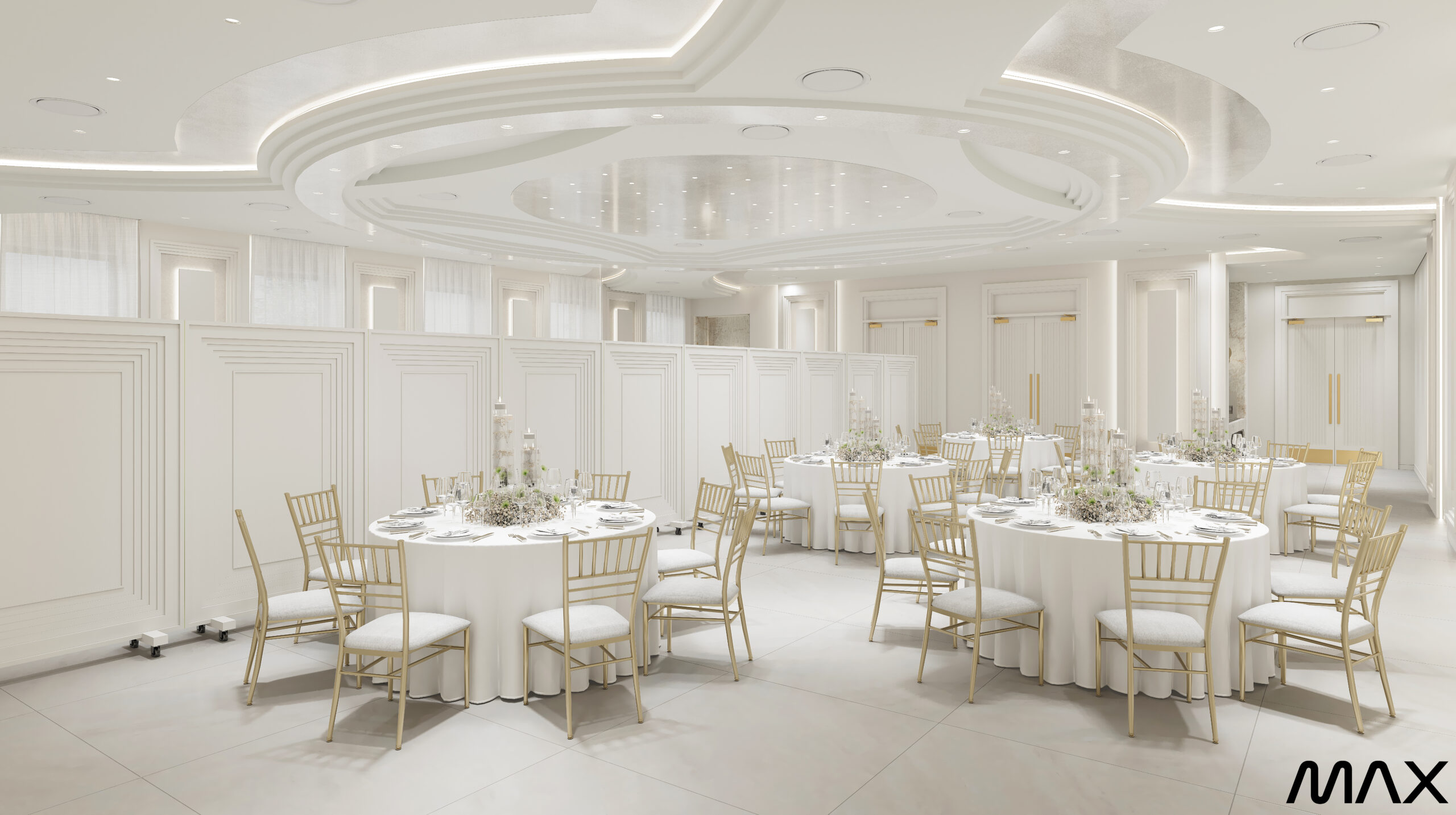 Elegant white banquet hall with round tables.