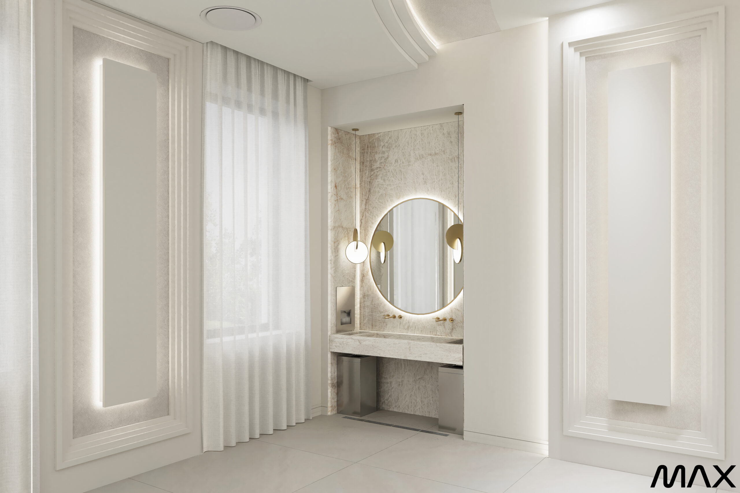 Modern minimalist room with round mirror.