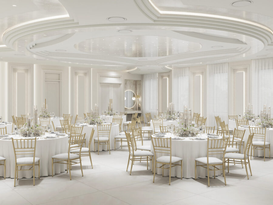 Elegant banquet hall with round tables.