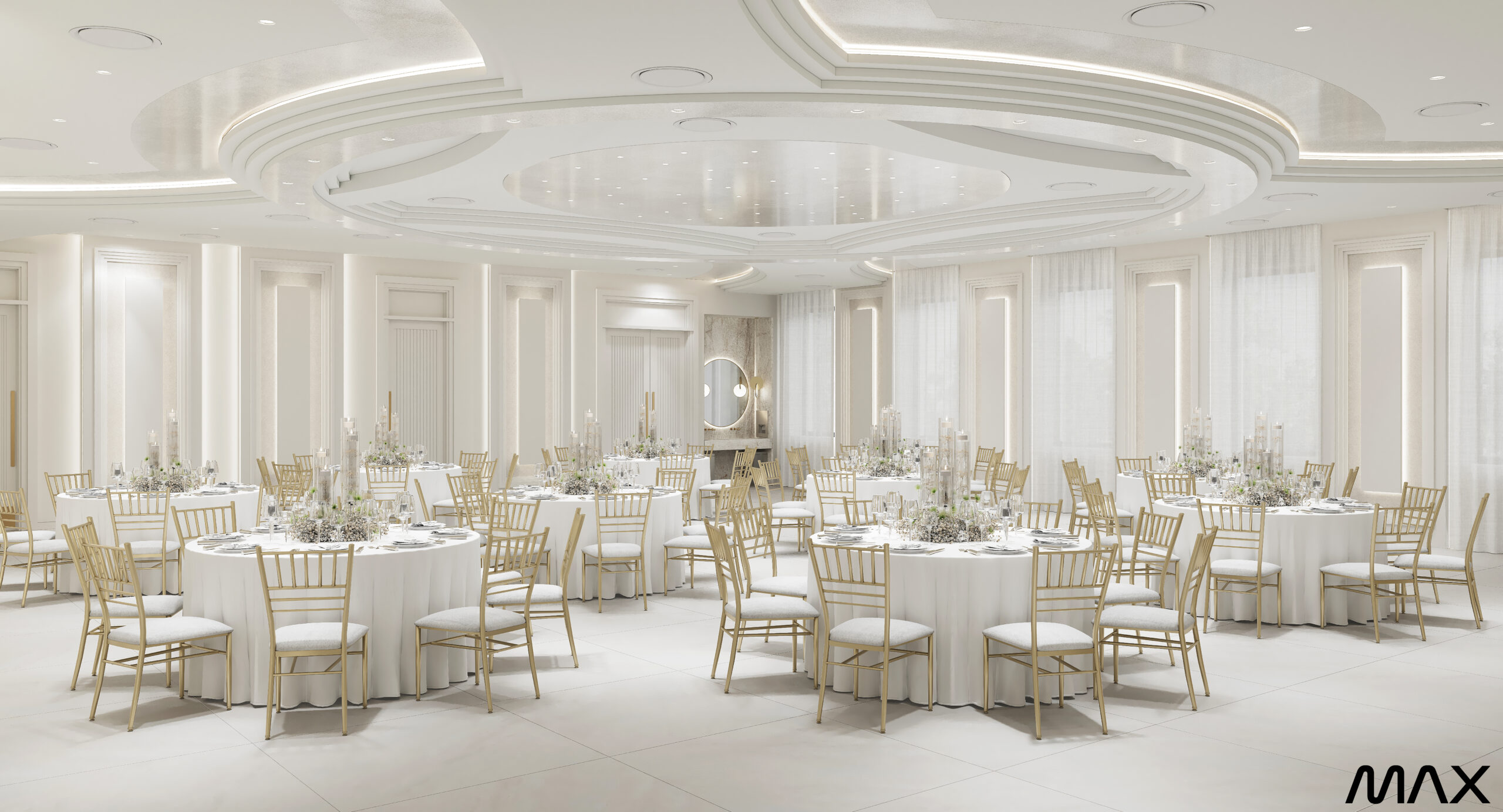 Elegant banquet hall with round tables.
