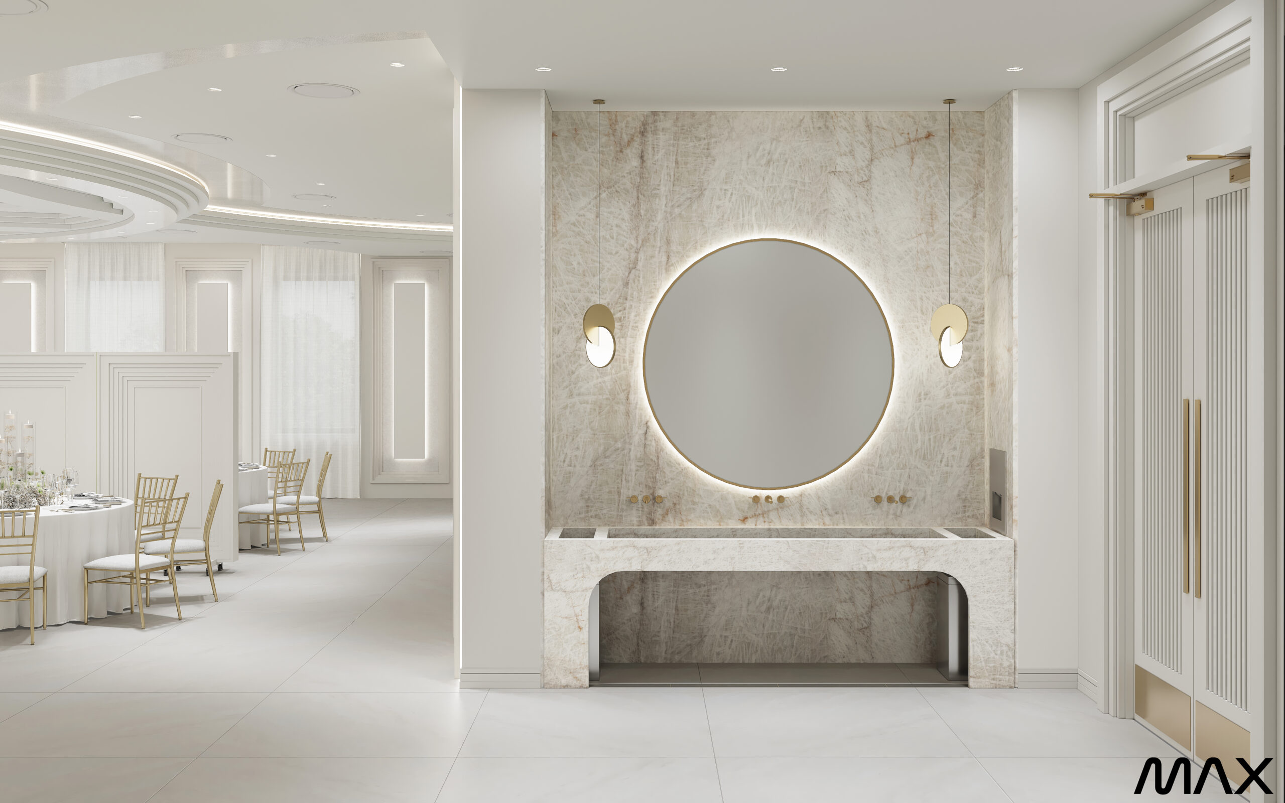 Elegant modern bathroom with round mirror.