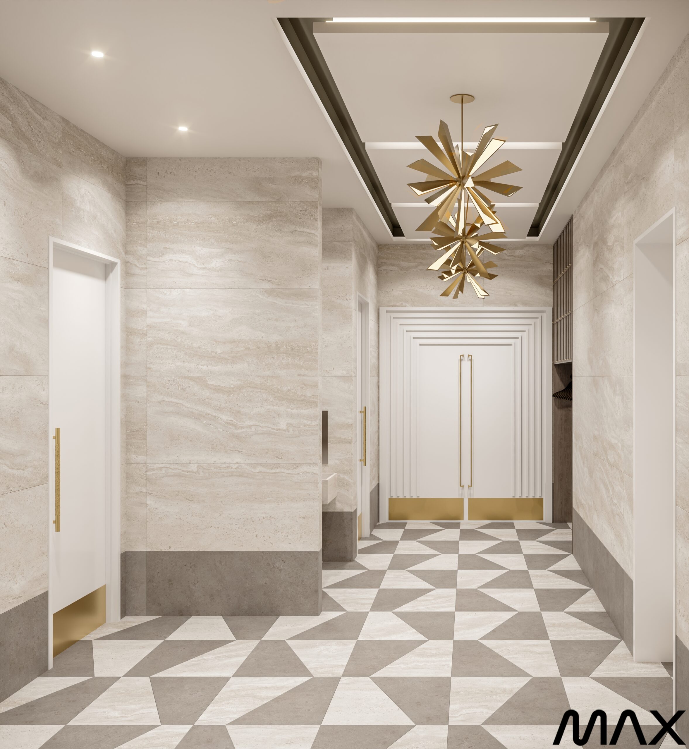 Modern hallway with geometric floor tiles.