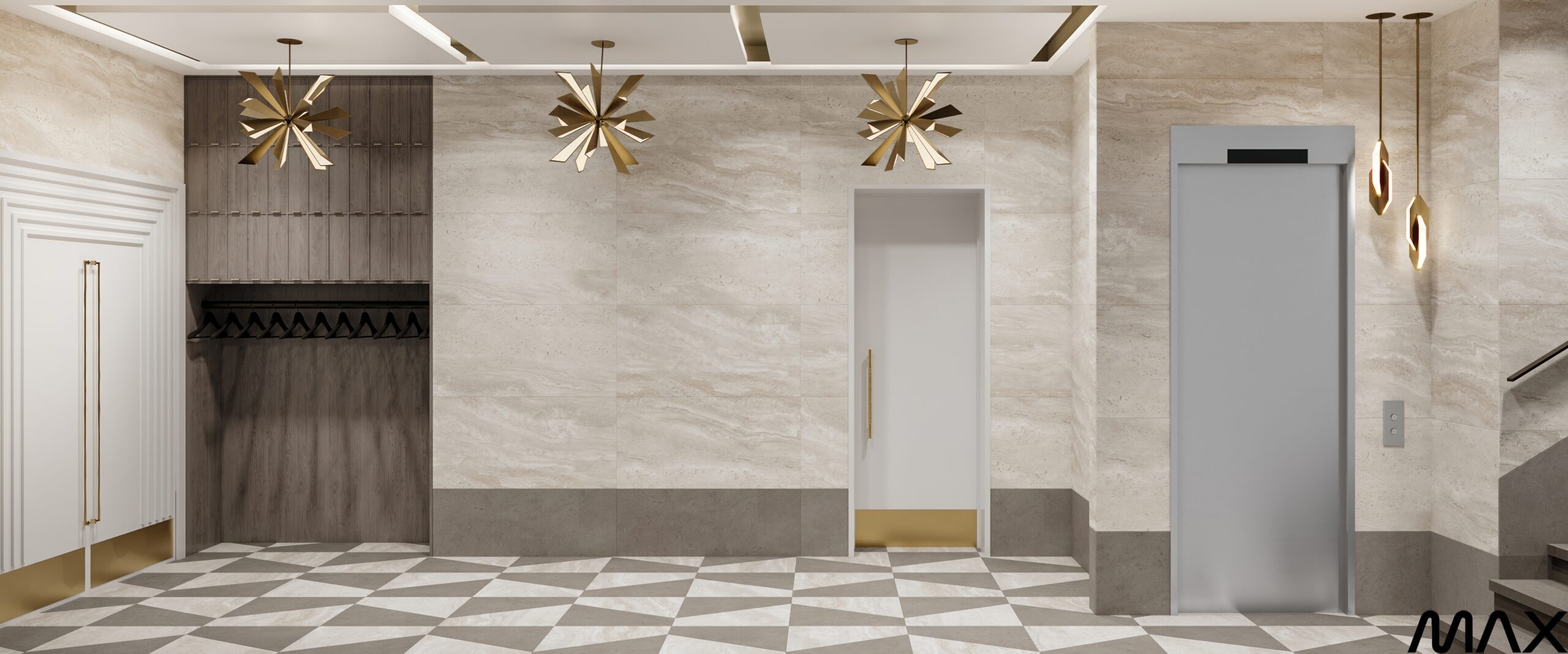 Modern lobby with geometric floor tiles.