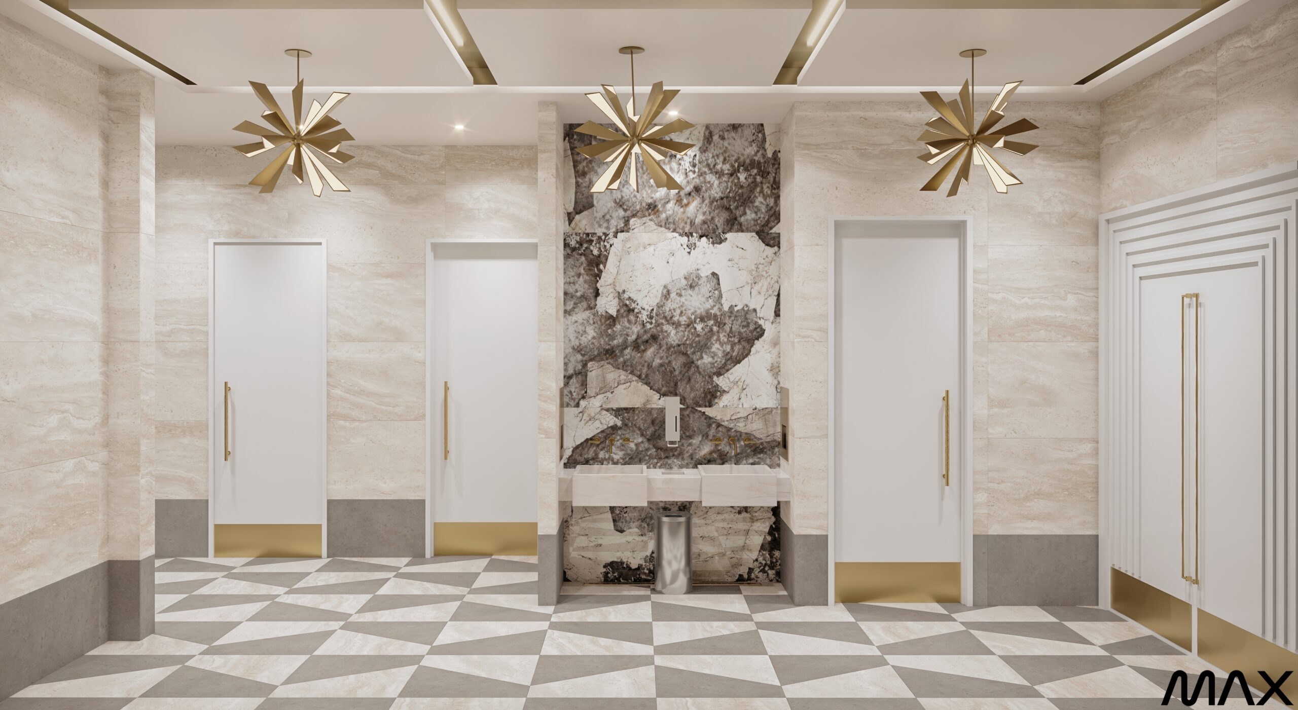 Modern restroom lobby with geometric floor tiles.