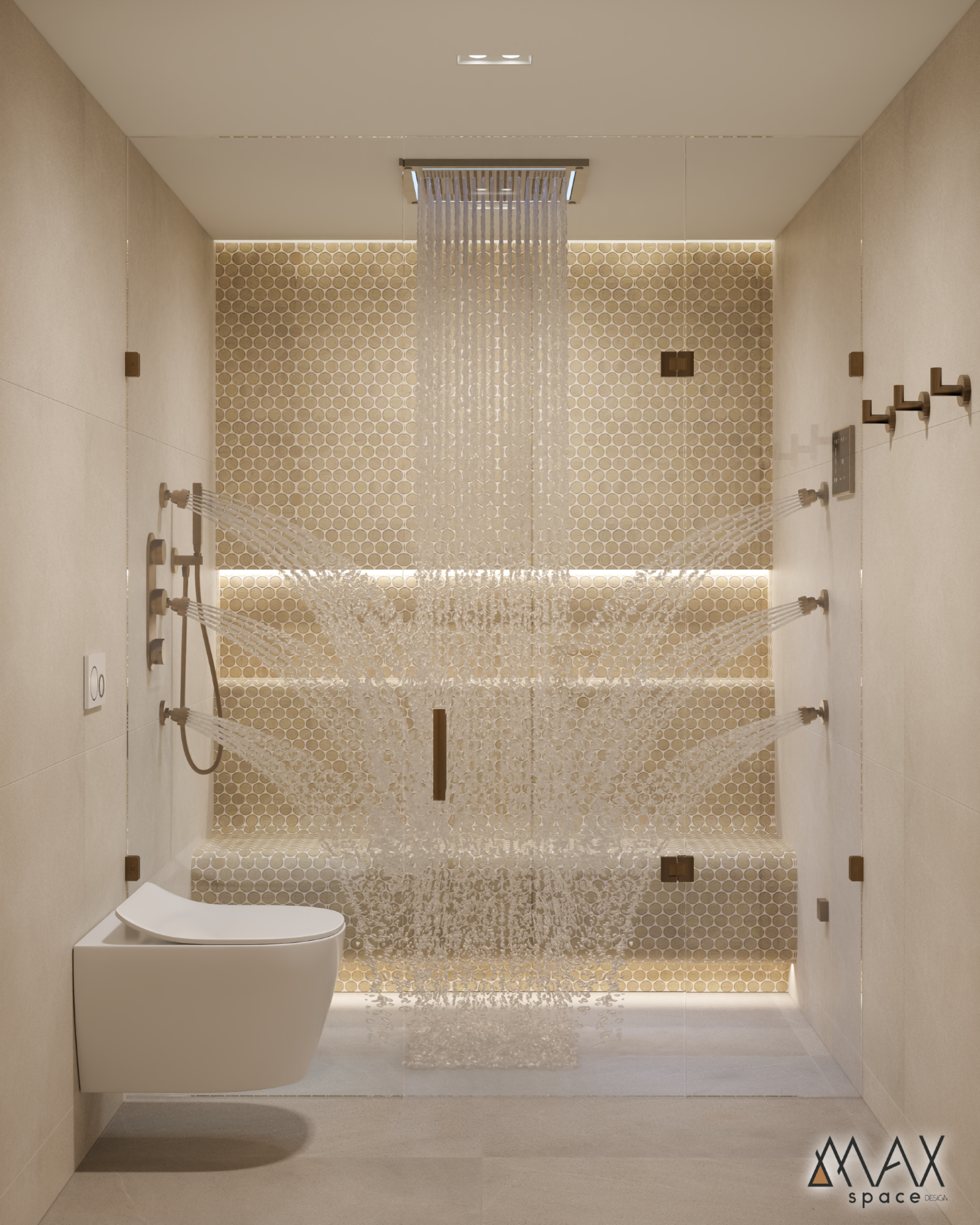 Modern bathroom with rainfall showerhead and lighting.