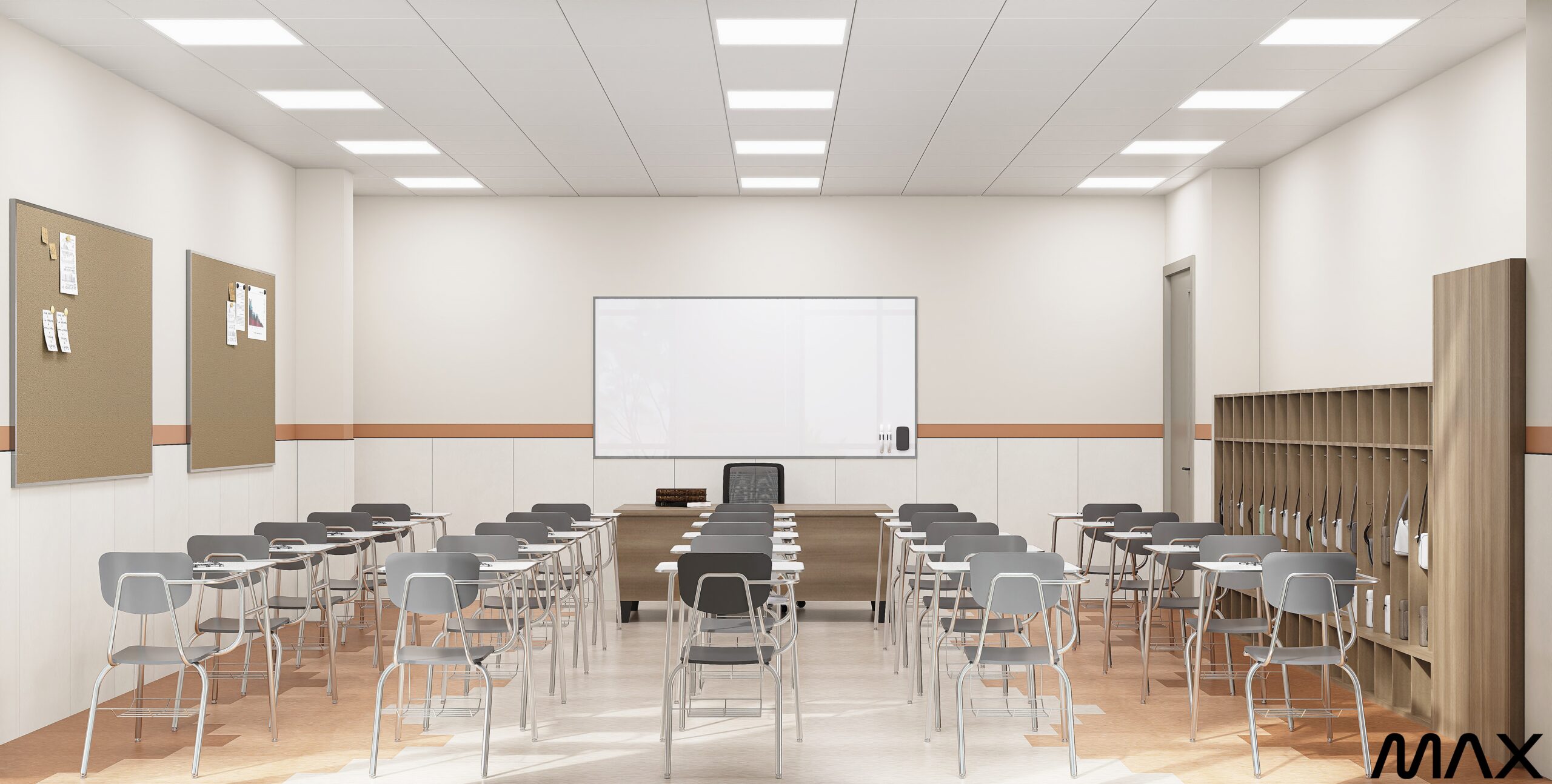 Empty classroom with desks and whiteboard.