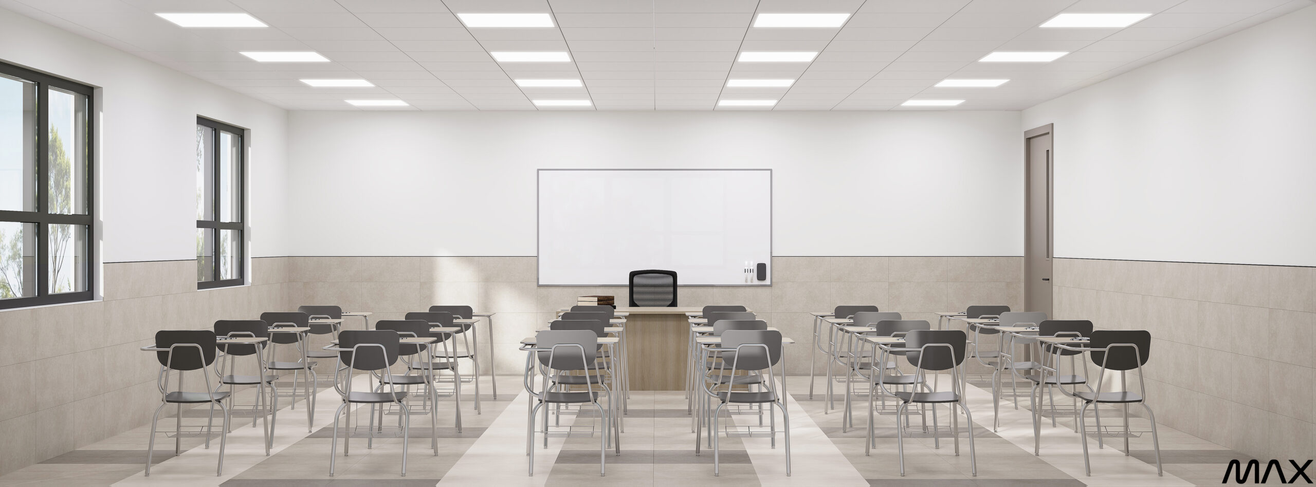 Empty classroom with desks and whiteboard.