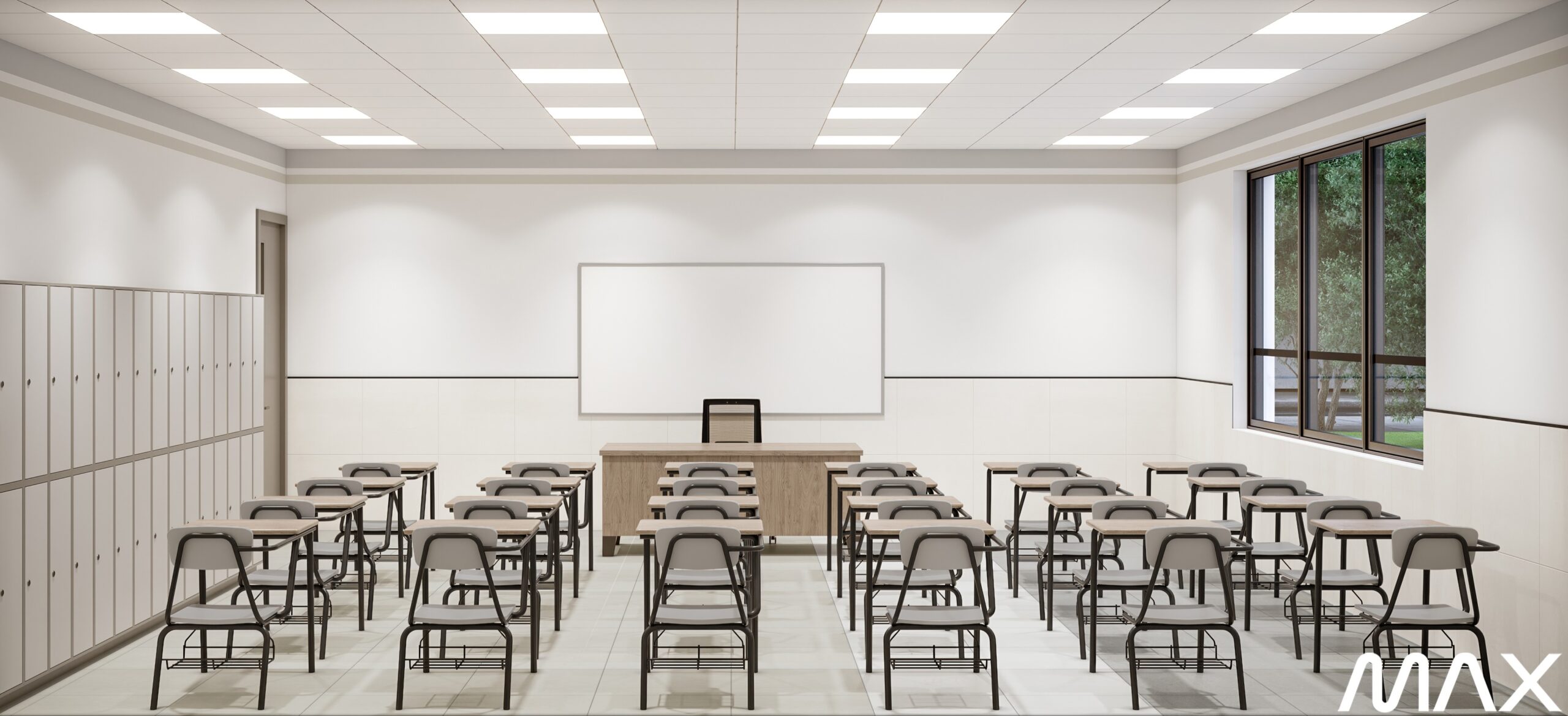 Empty classroom with desks and whiteboard.
