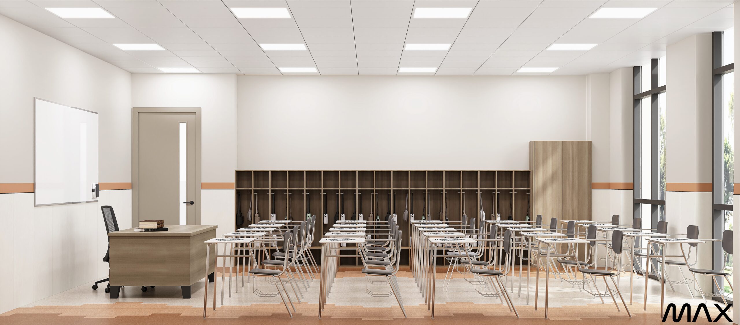 Empty classroom with desks and chairs arranged.