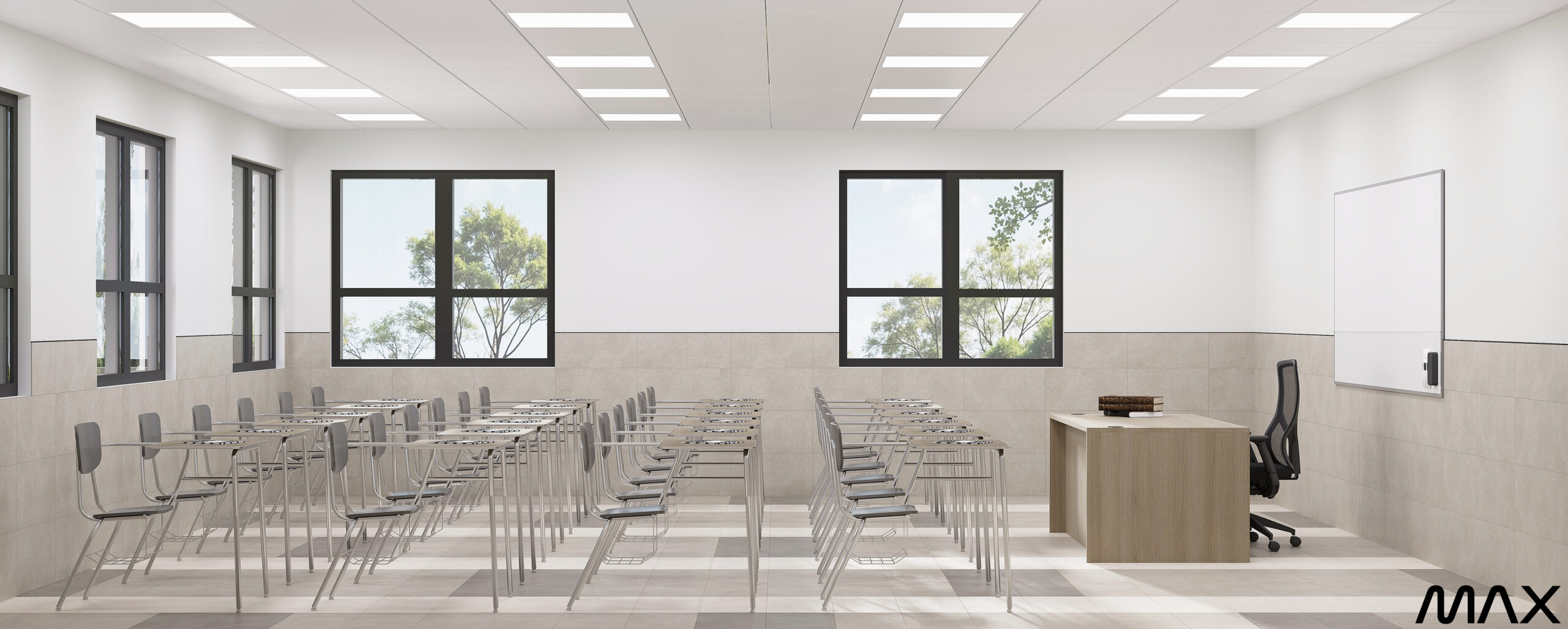 Empty classroom with chairs and teacher's desk.