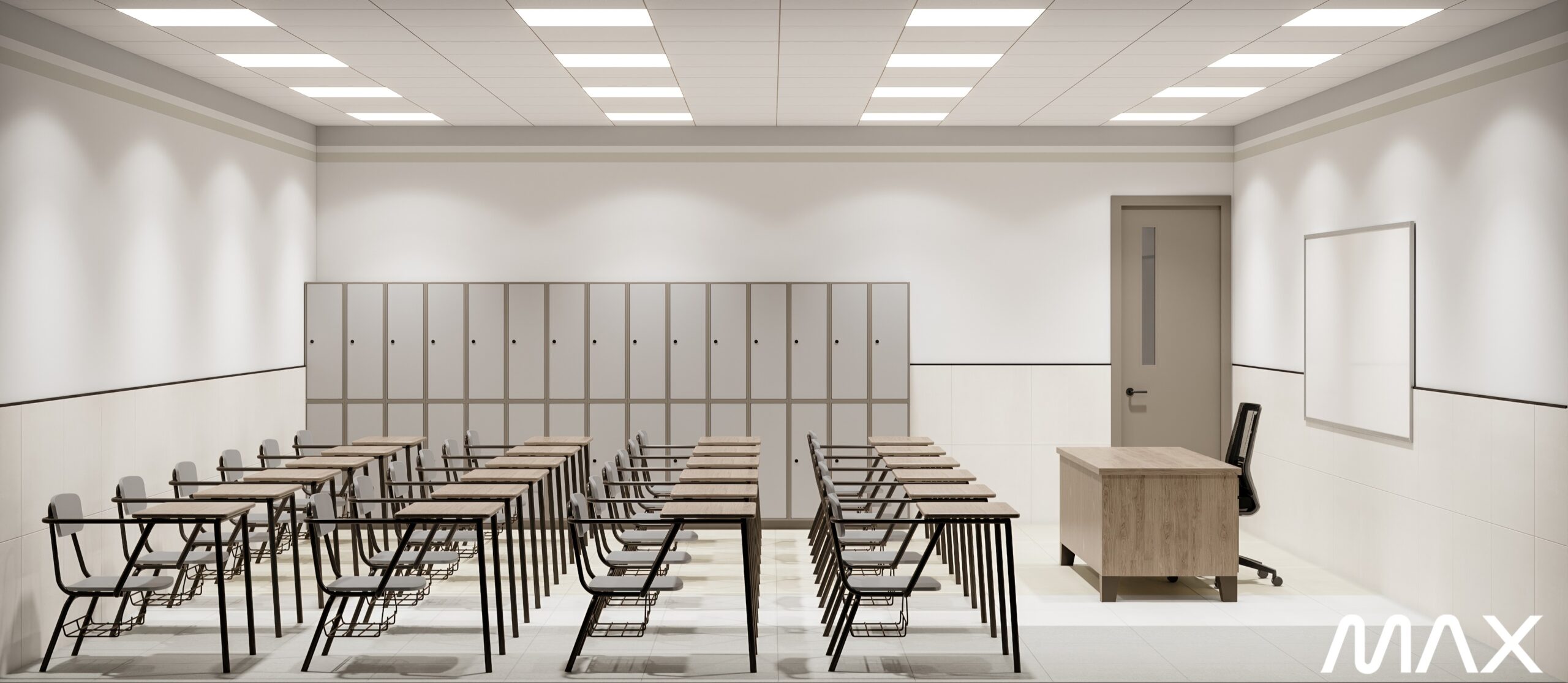 Empty classroom with desks and lockers.
