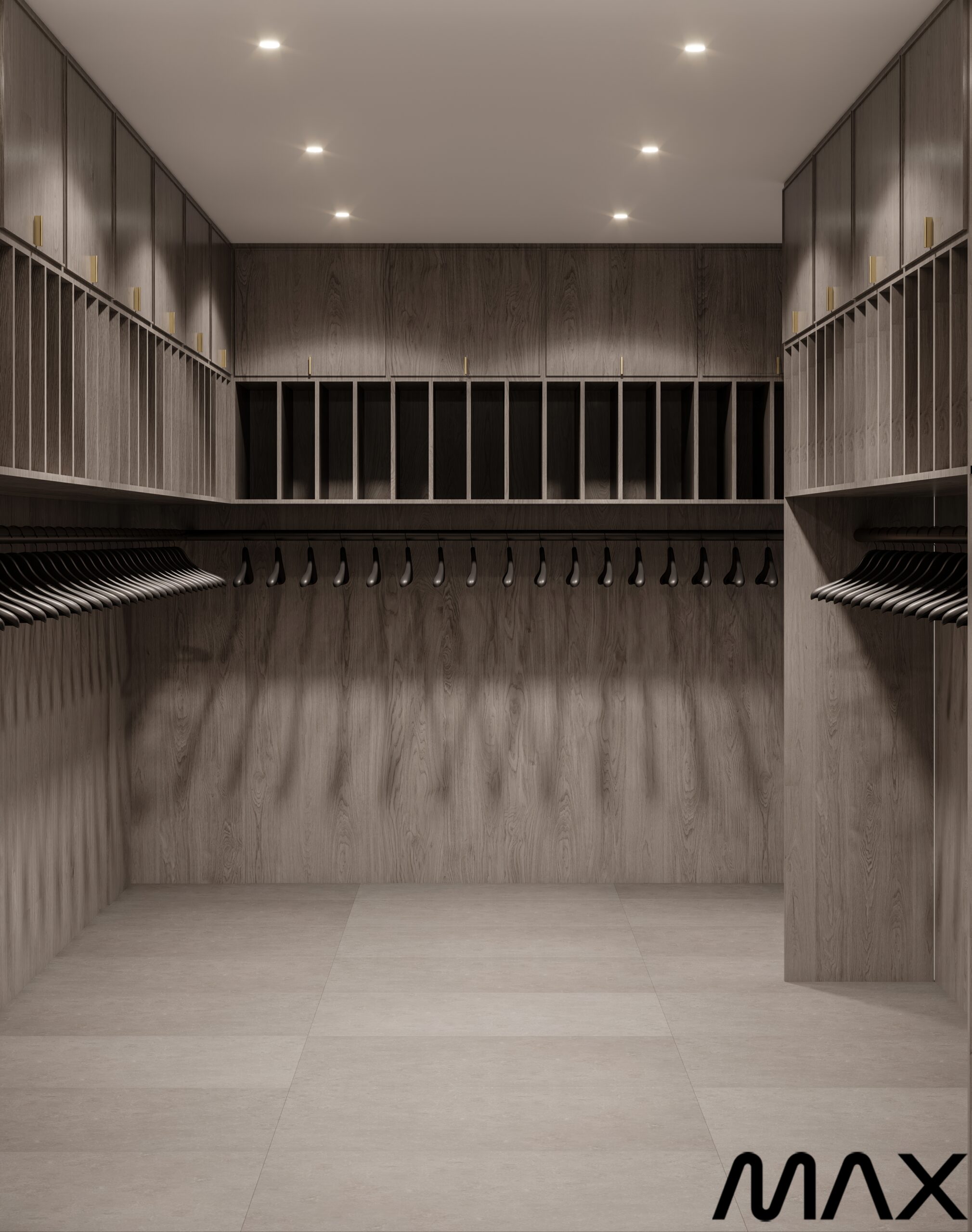 Minimalist wooden closet with empty shelves.