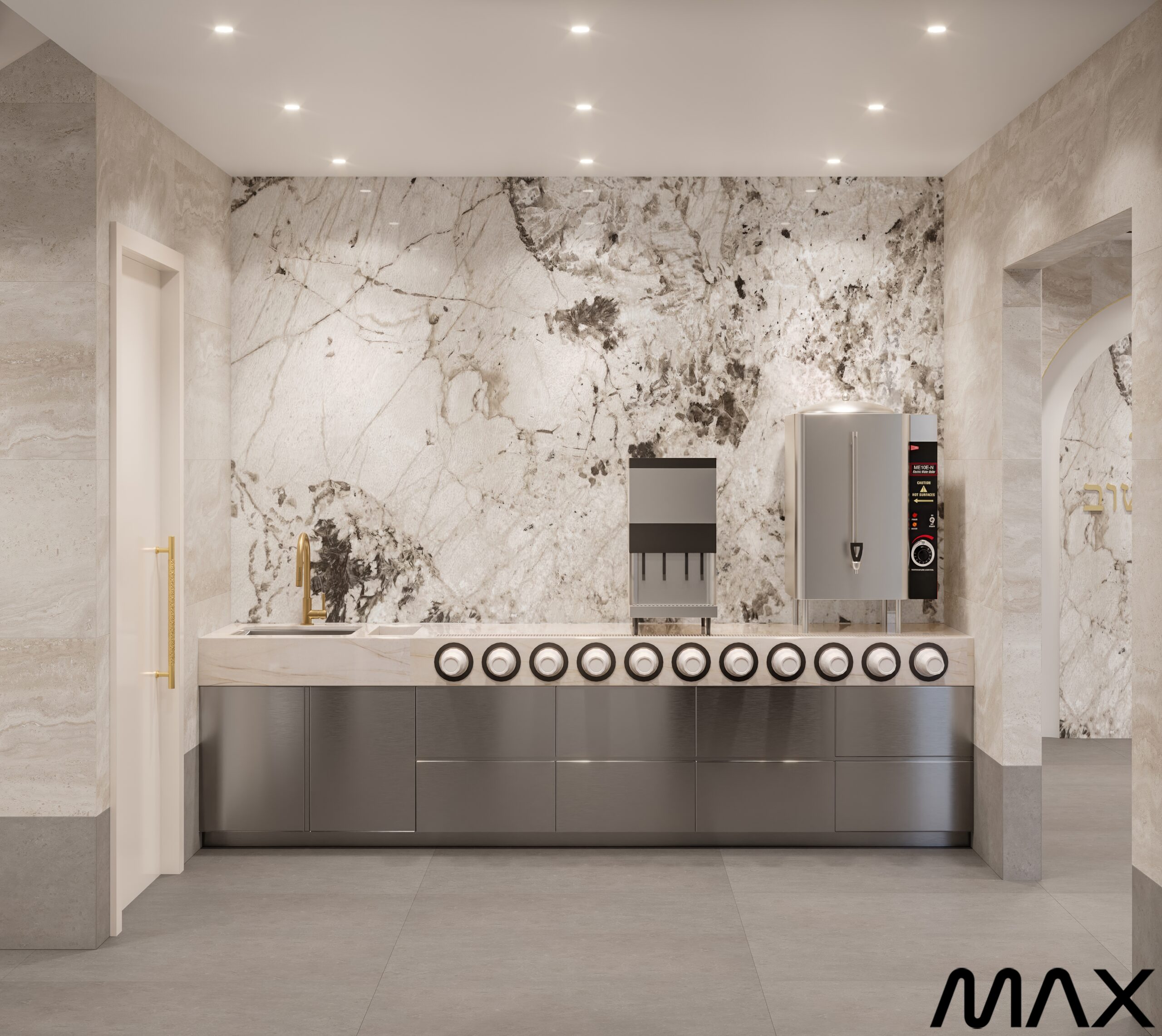 Modern kitchen with marble wall and appliances.