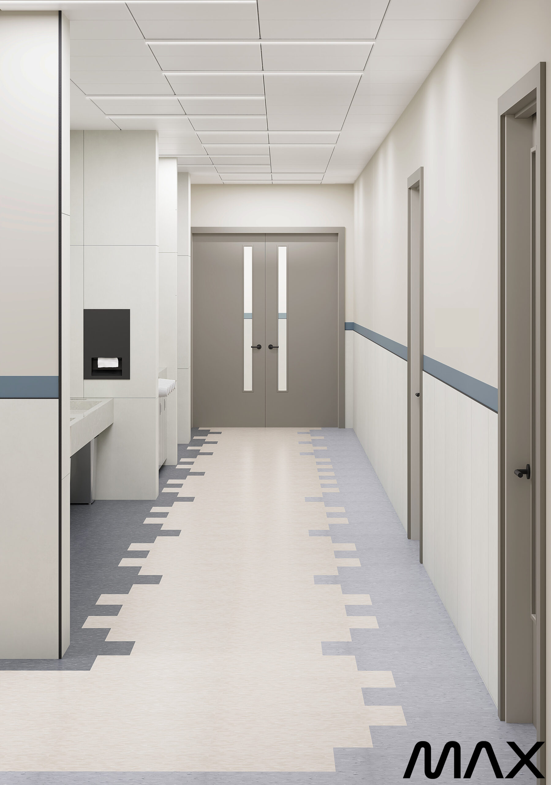 Modern hospital corridor with closed doors.