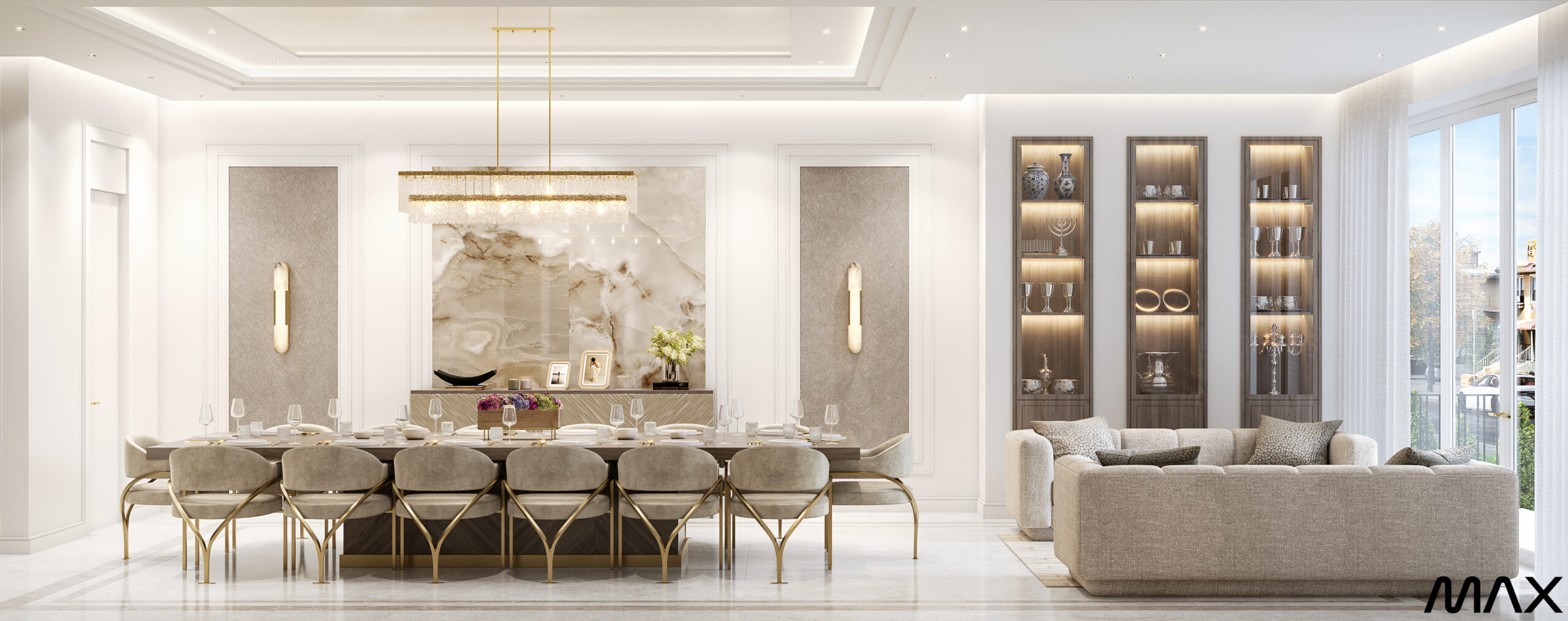 Elegant dining room with modern decor.