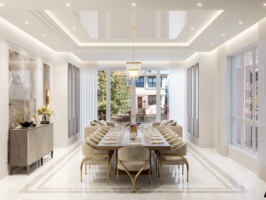 Elegant modern dining room with large windows.