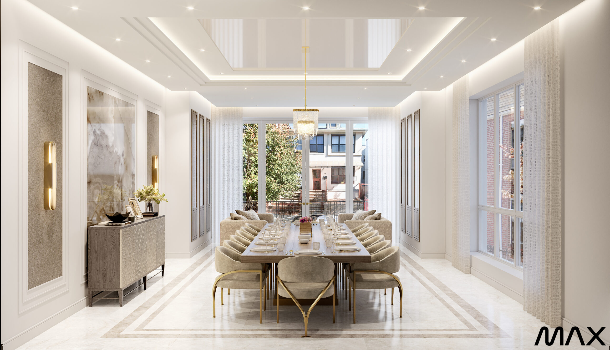 Elegant modern dining room with large windows.