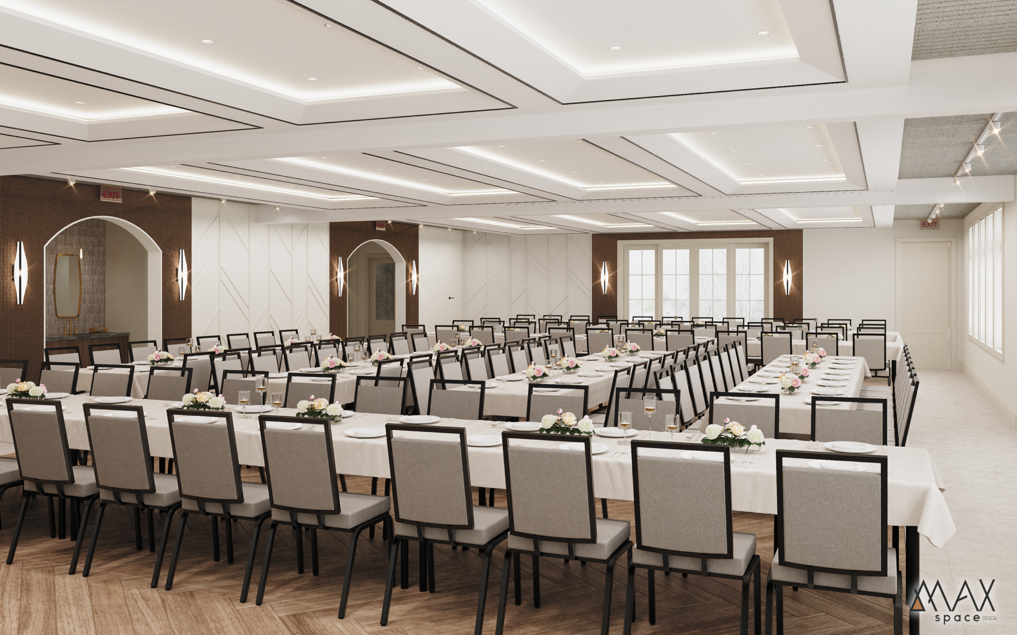 Modern banquet hall with arranged tables.