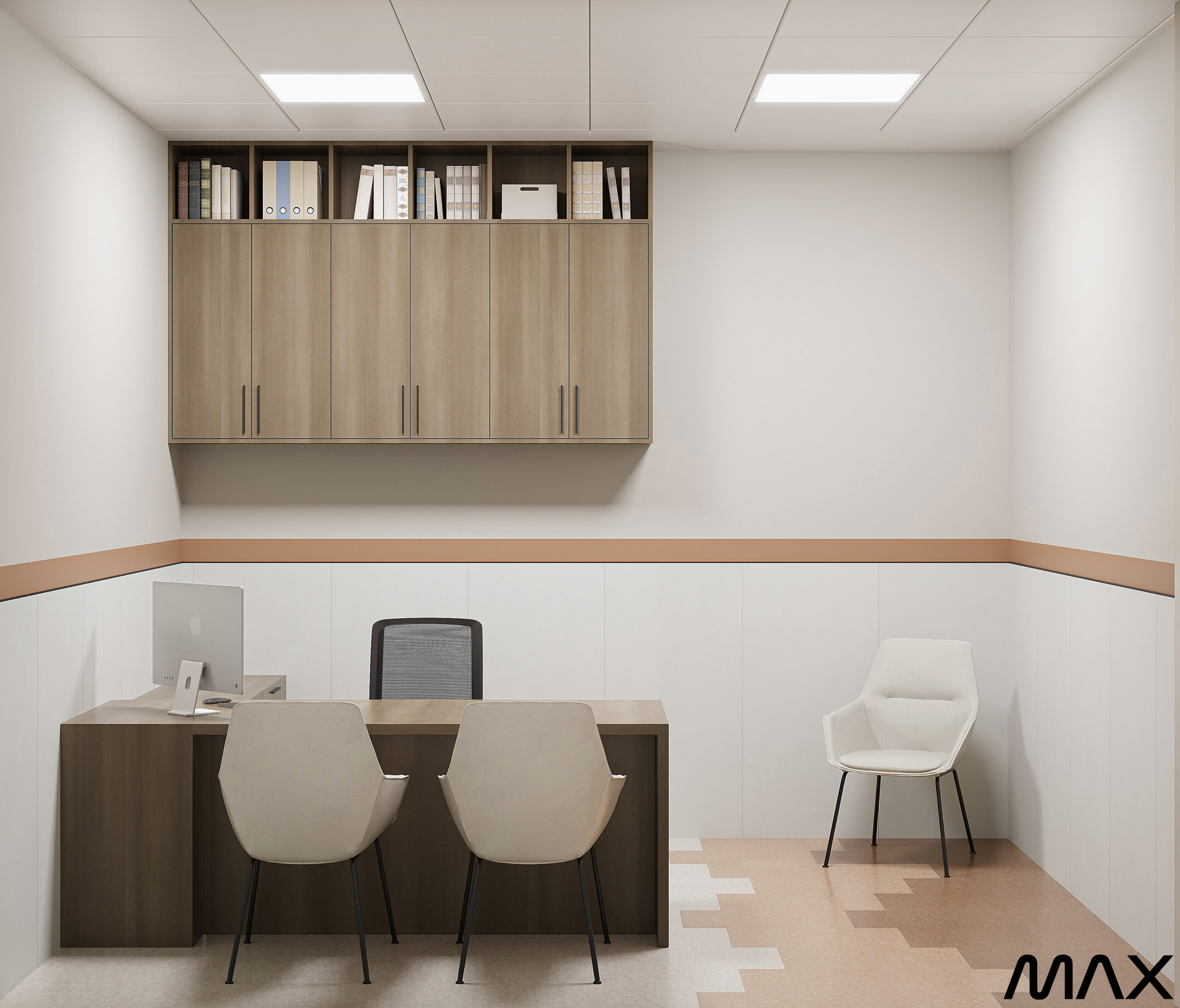 Modern office with desk and chairs.
