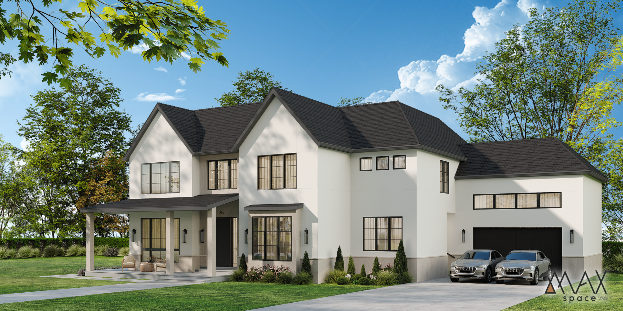 Modern two-story house with driveway and cars.