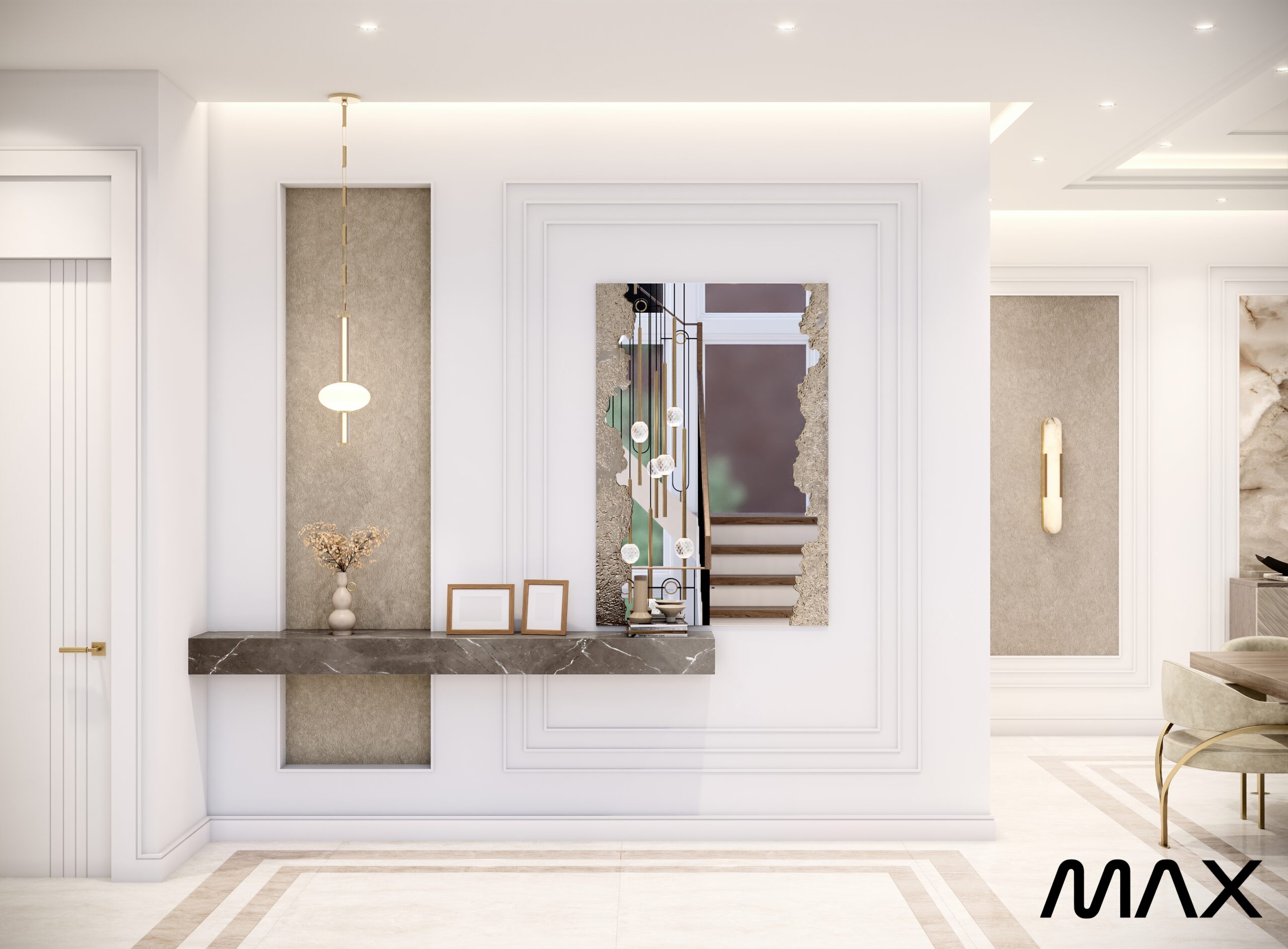 Modern minimalist interior with decorative mirror.