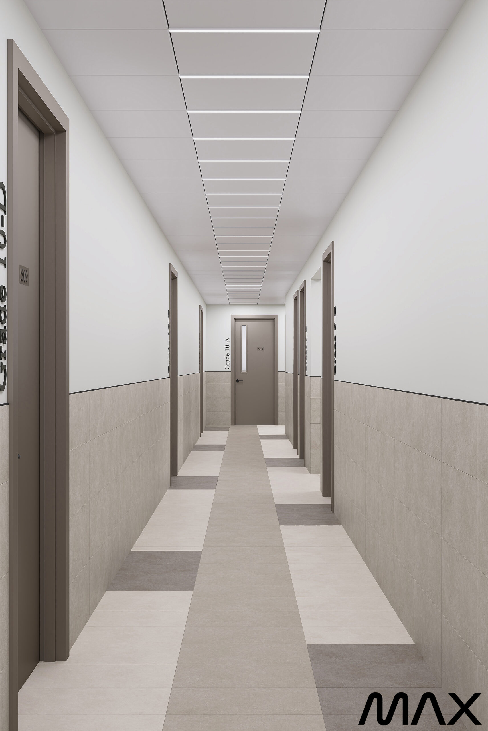 Modern hallway with multiple closed doors.