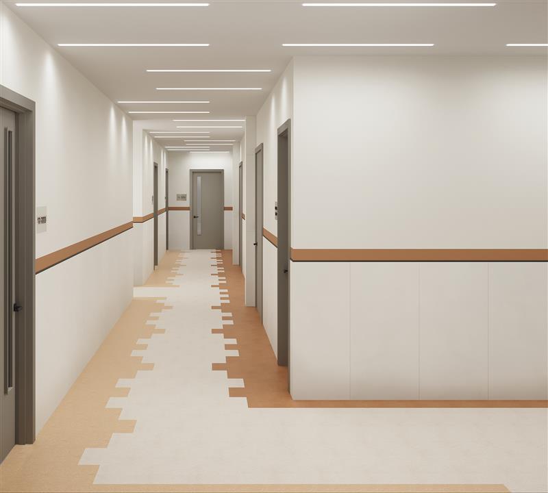 Modern hallway with geometric patterned floor.