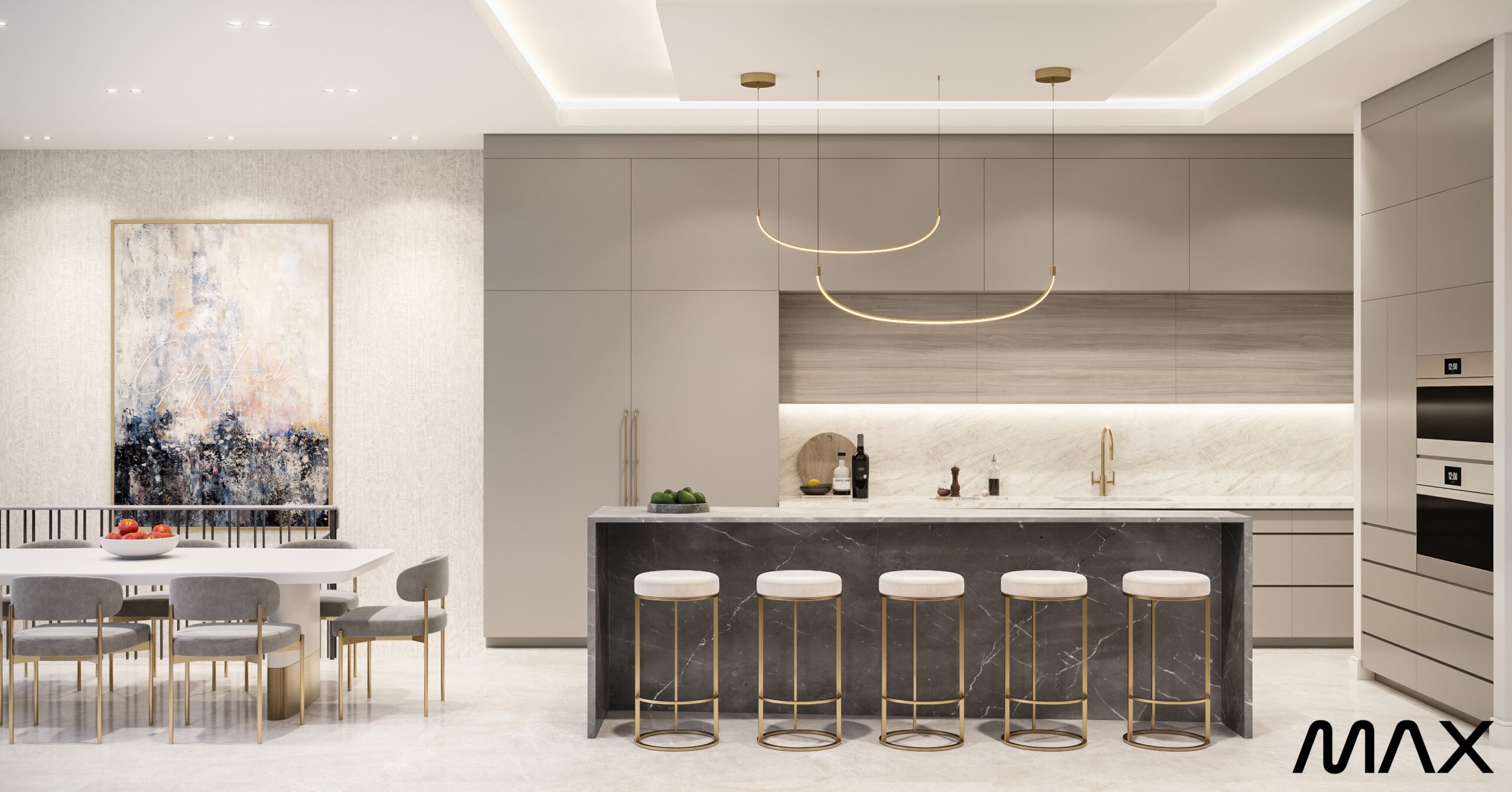 Modern kitchen with island and dining table.