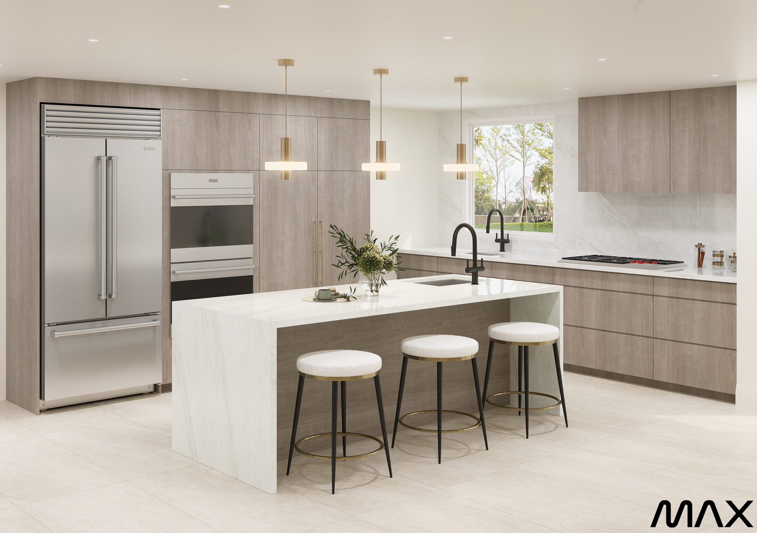 Modern kitchen with island and bar stools.