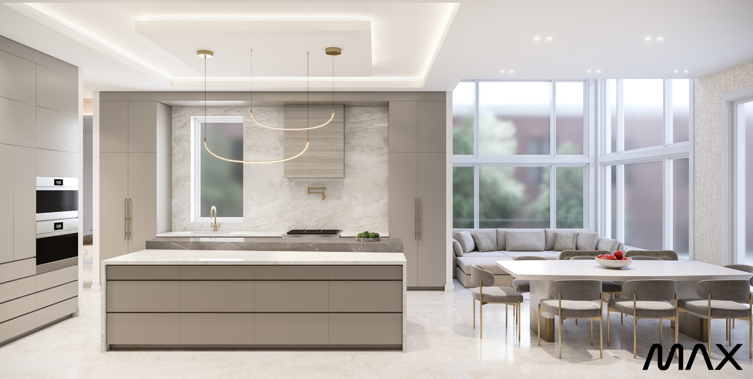 Modern kitchen with island and dining area.