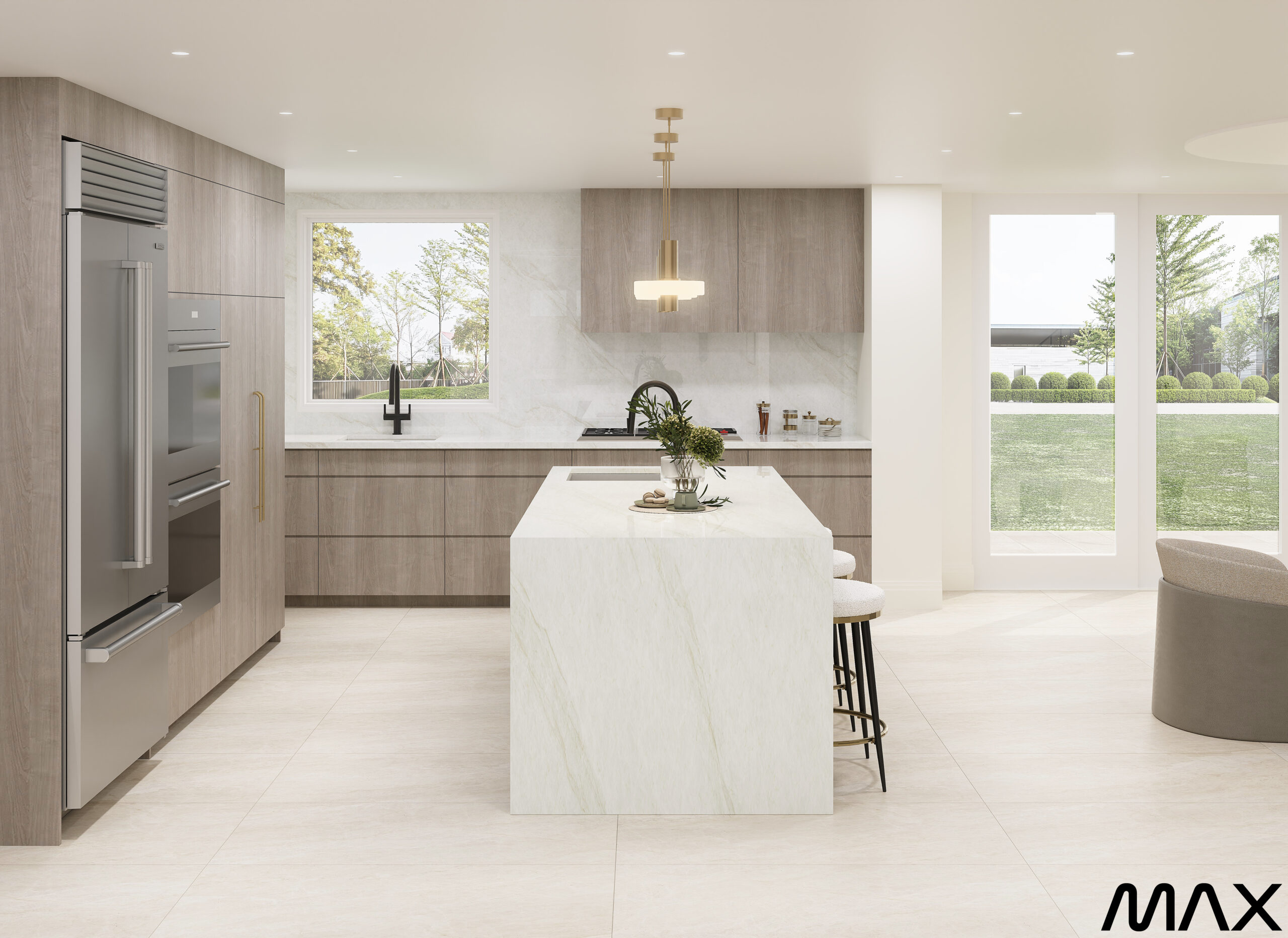 Modern kitchen with island and large windows.