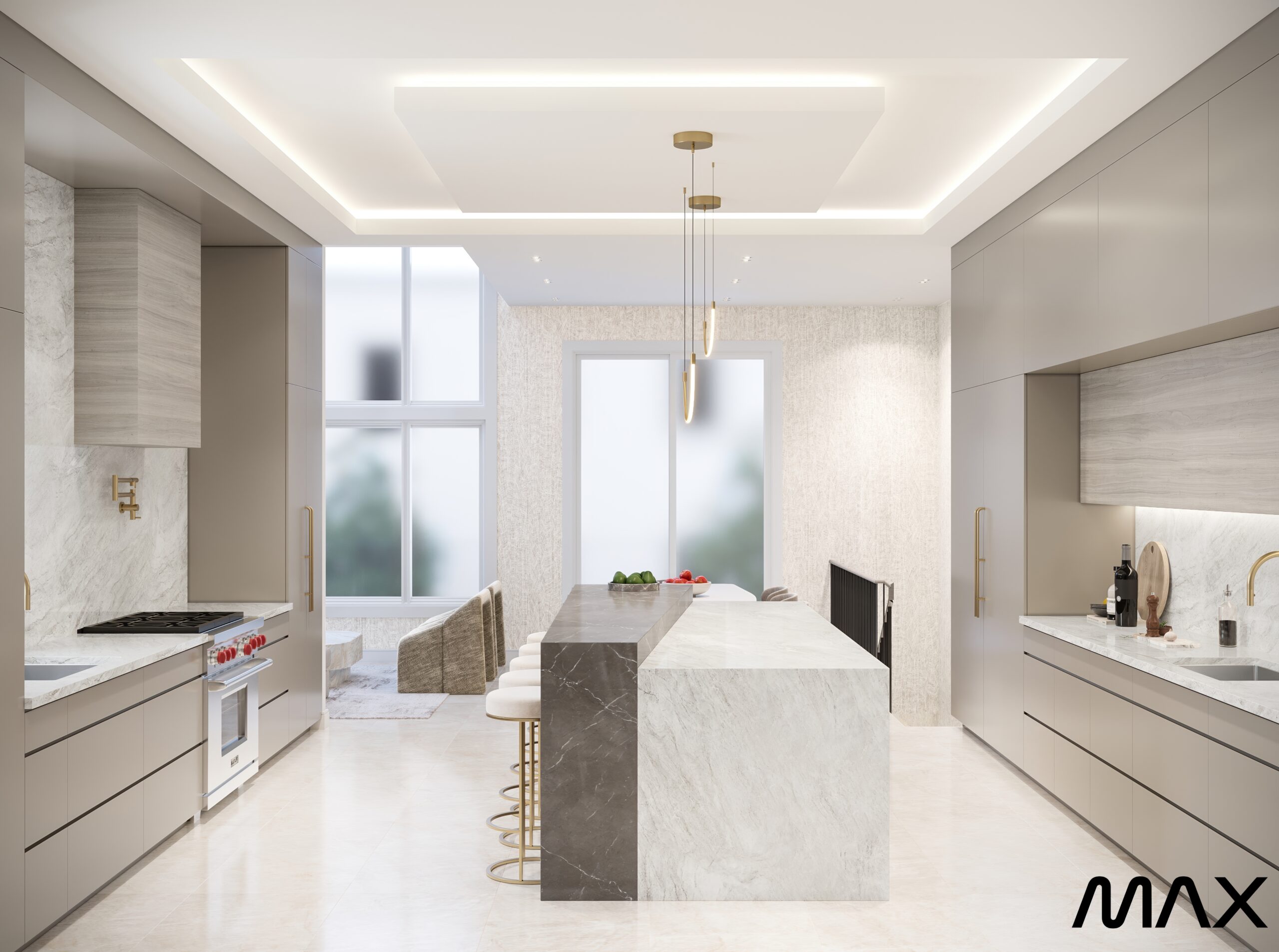 Modern kitchen with marble island and seating.