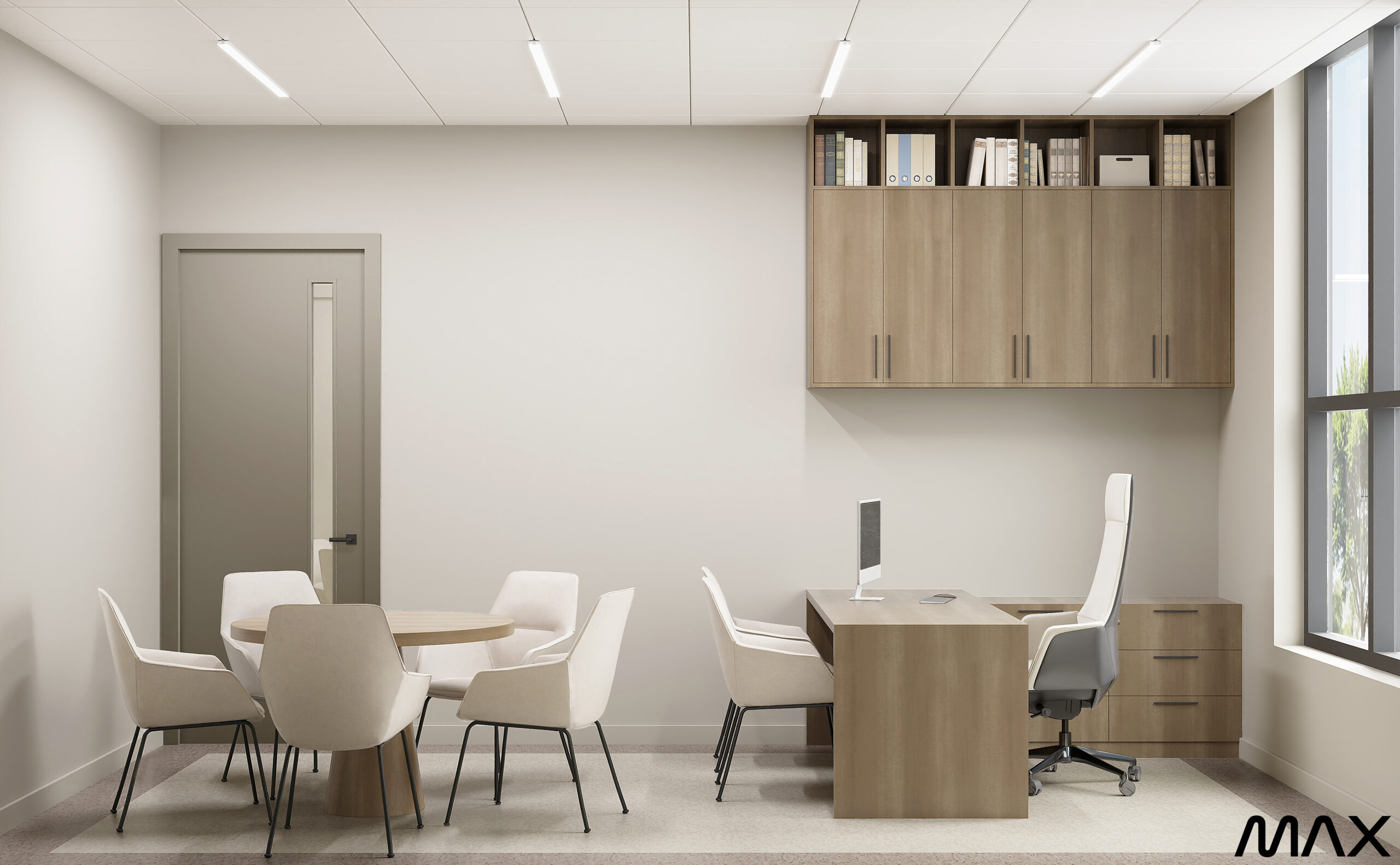 Modern office with desk and chairs.