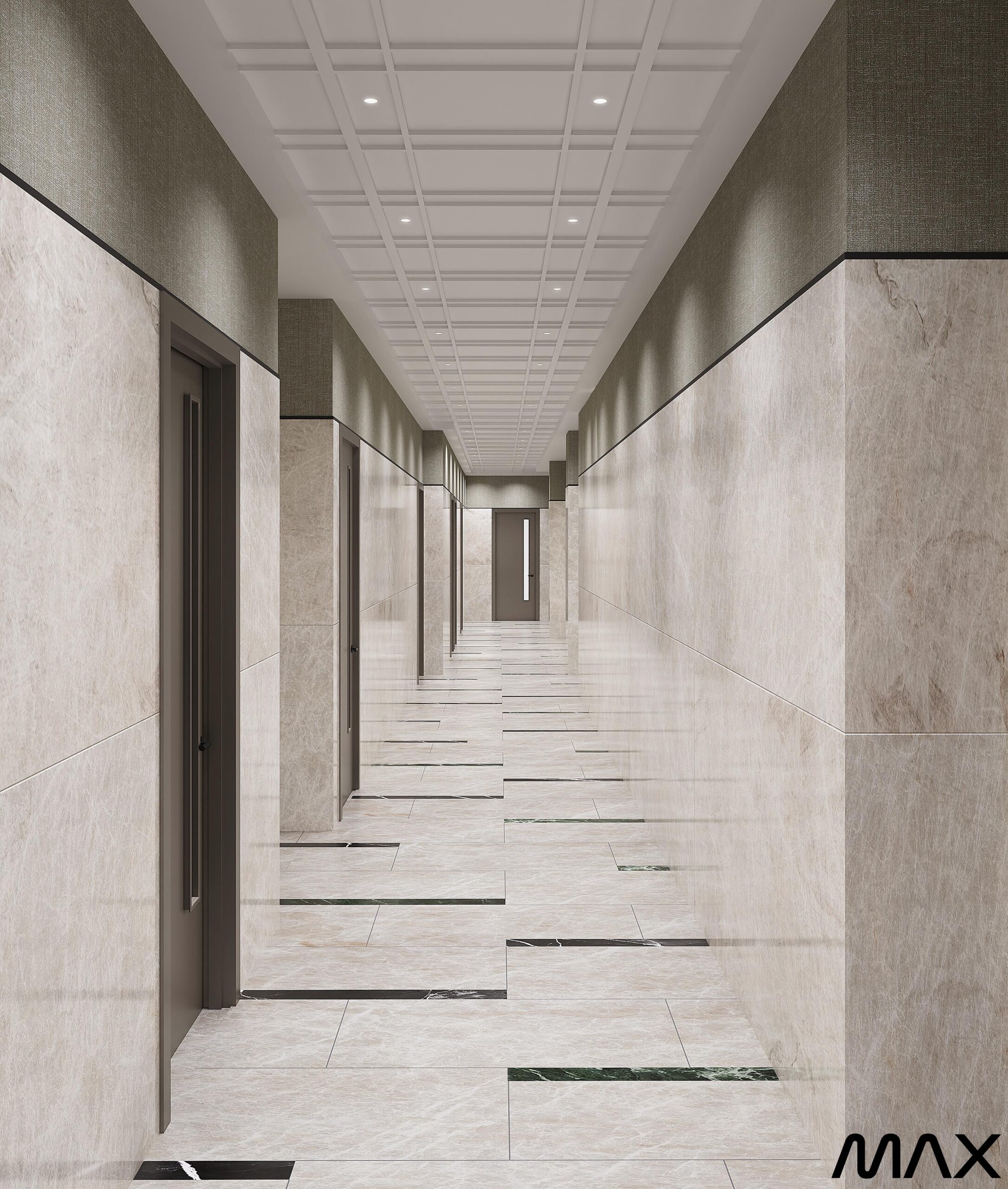 Modern marble-tiled hallway with recessed lighting.