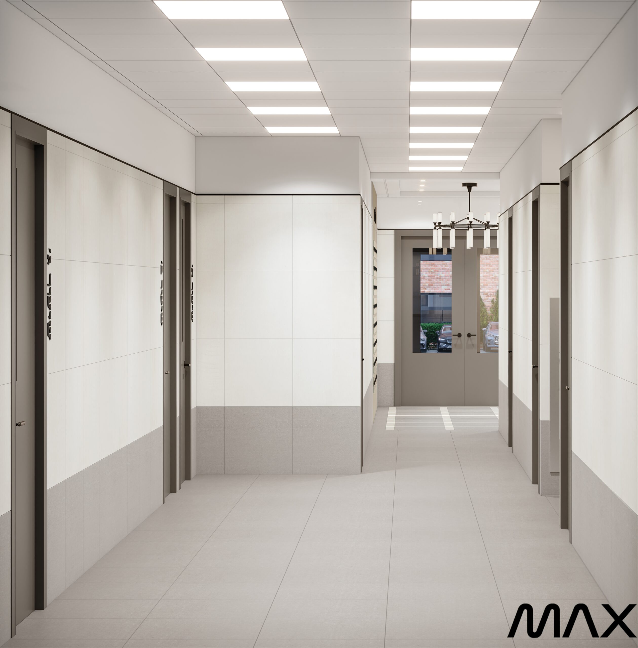 Modern, minimalist hallway with ceiling lights.
